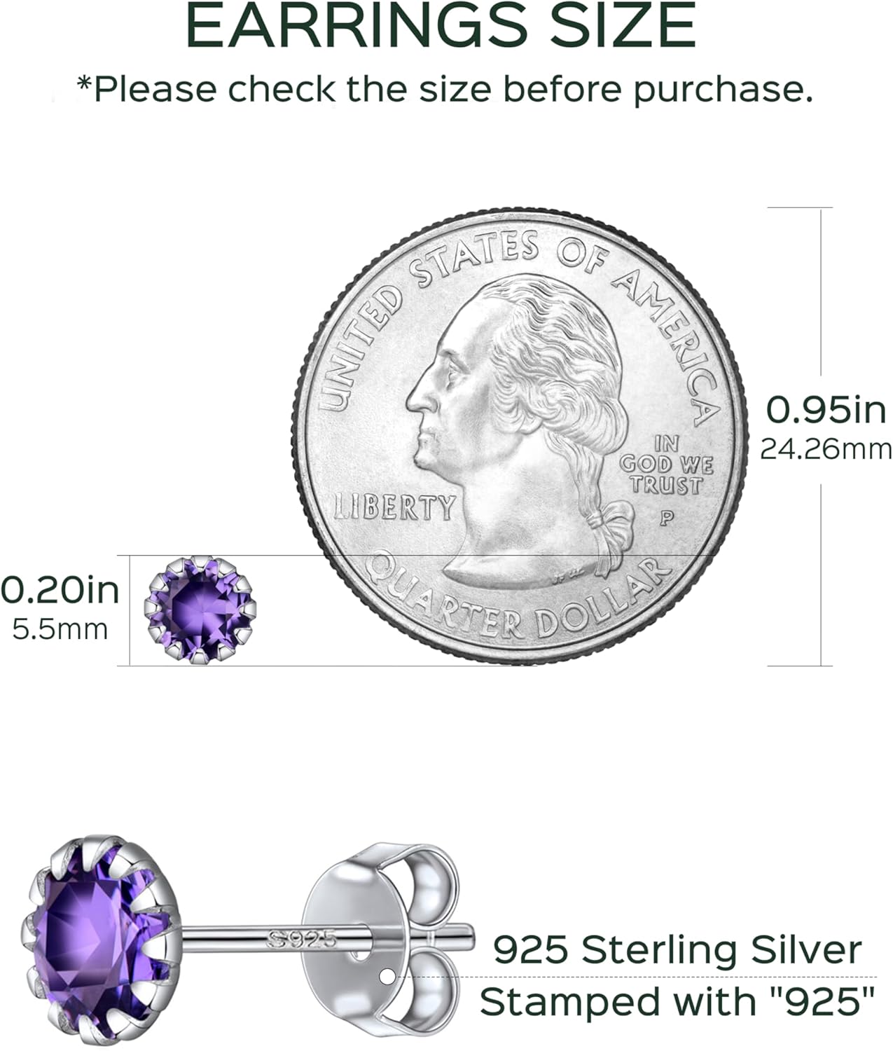 Round Cut Birthstone Stud Earrings for Ladies,  jan birthstone, February birthstone, Amethyst Jewelry, Pisces Birthstone, Aquarius Birthstone, silver earrings, gift idea