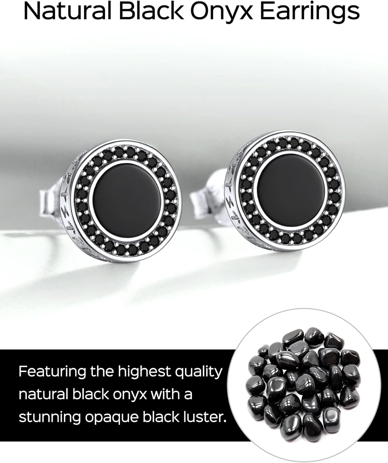 Sterling Silver Natural Black Onyx Viking Rune with Small Black Cubic Zirconia Stud Earrings