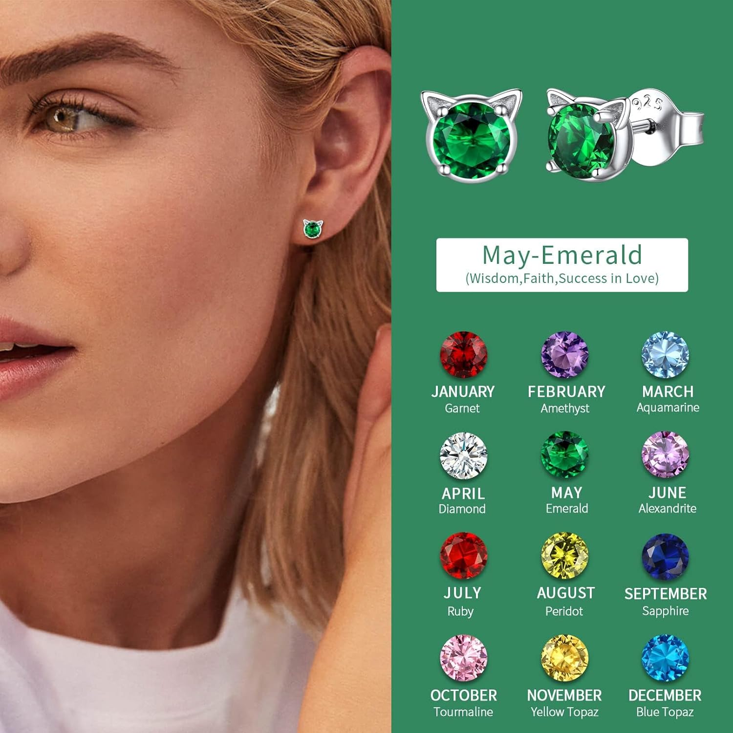 Cute Cat Diamond Birthstone Stud Earrings for women, may birthstone, Emerald Necklace, Taurus Birthstone, Gemini Birthstone, sterling silver earrings, gift idea