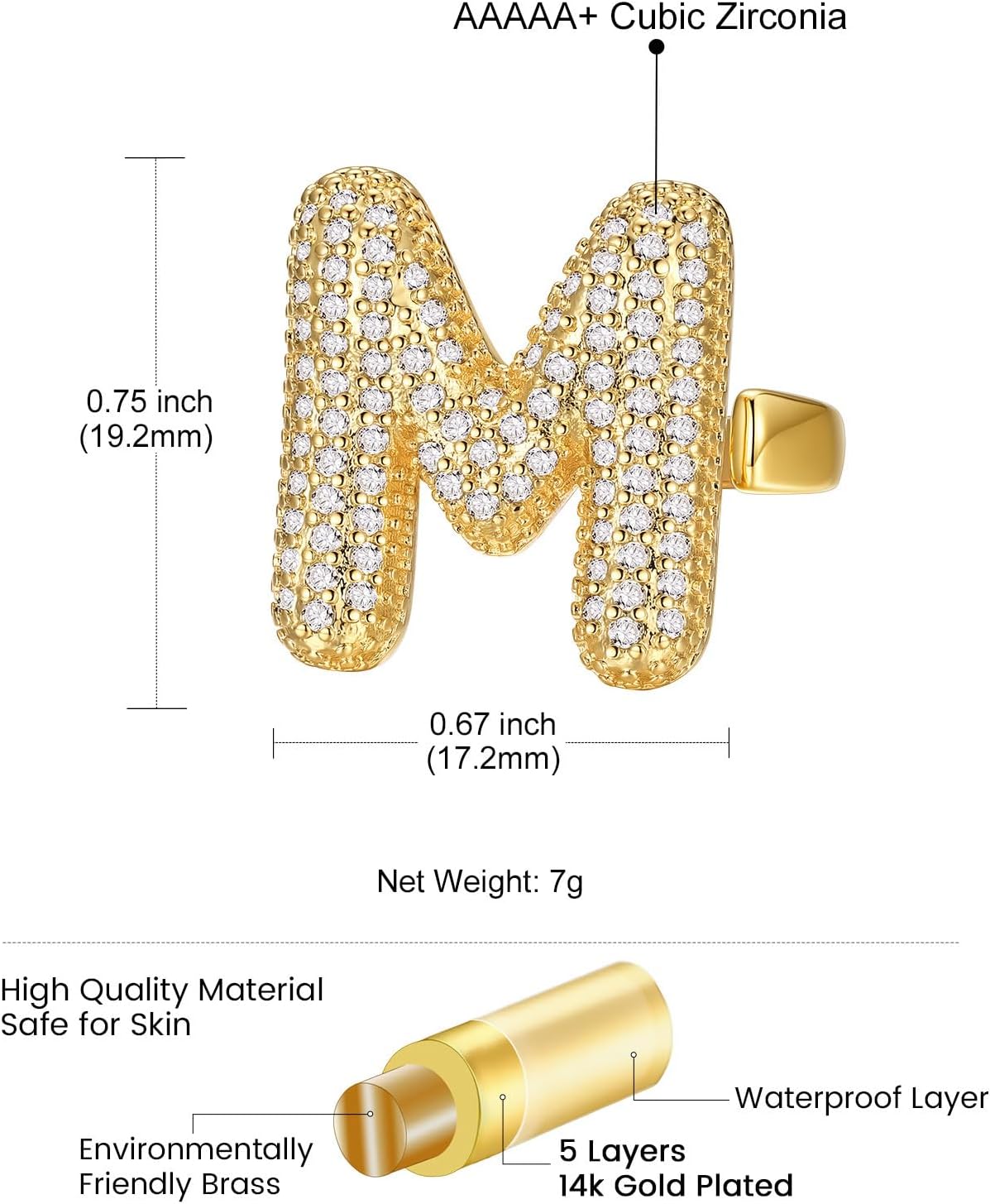 14k Chunky Gold Initial Statement Rings Details: Dimensions, Hypoallergenic, Adjustable size for 6~11