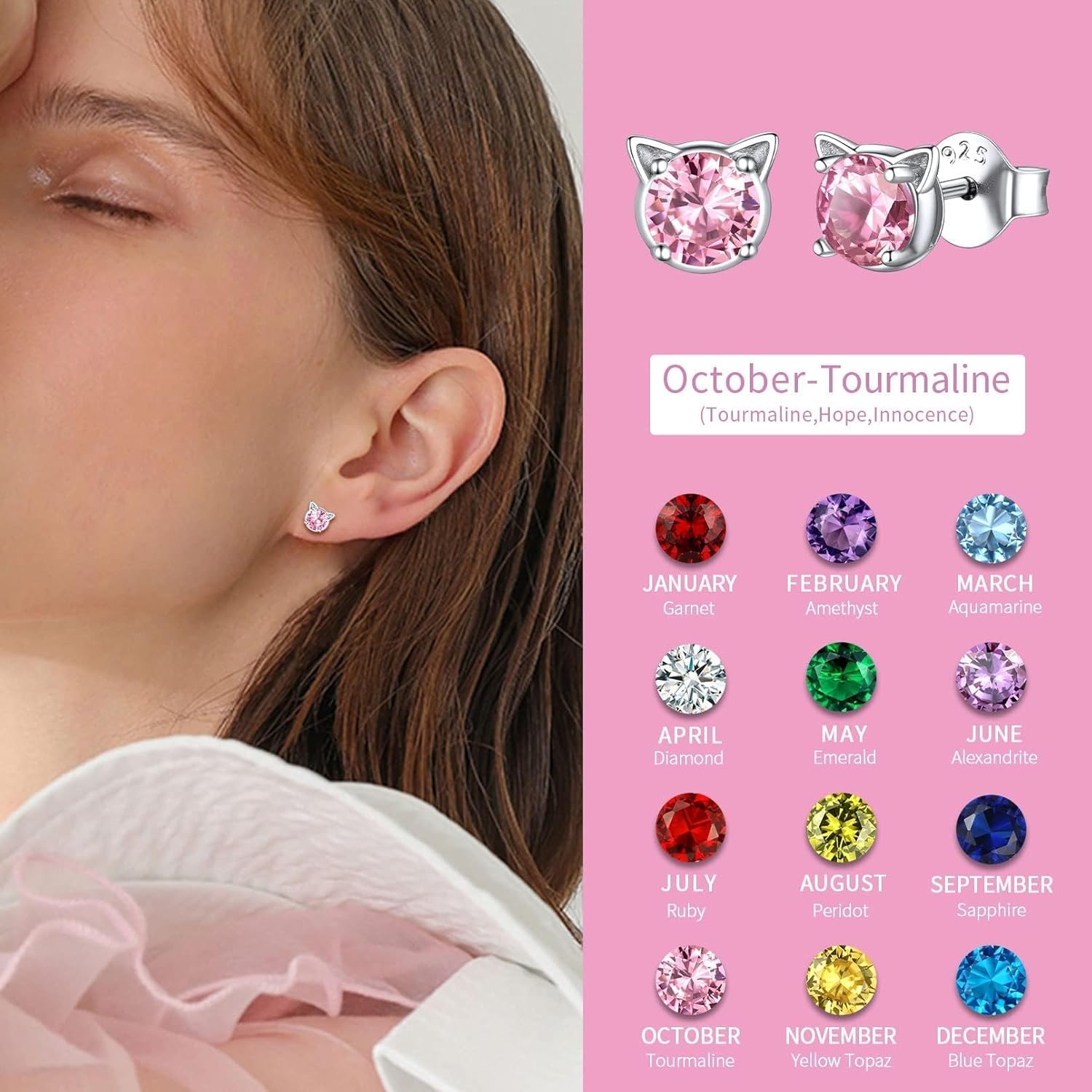 Cute Cat Diamond Birthstone Stud Earrings for women, october birthstone, Pink Tourmaline Jewelry, Libra Birthstone, Scorpio Birthstone, sterling silver Jewelry, gift idea