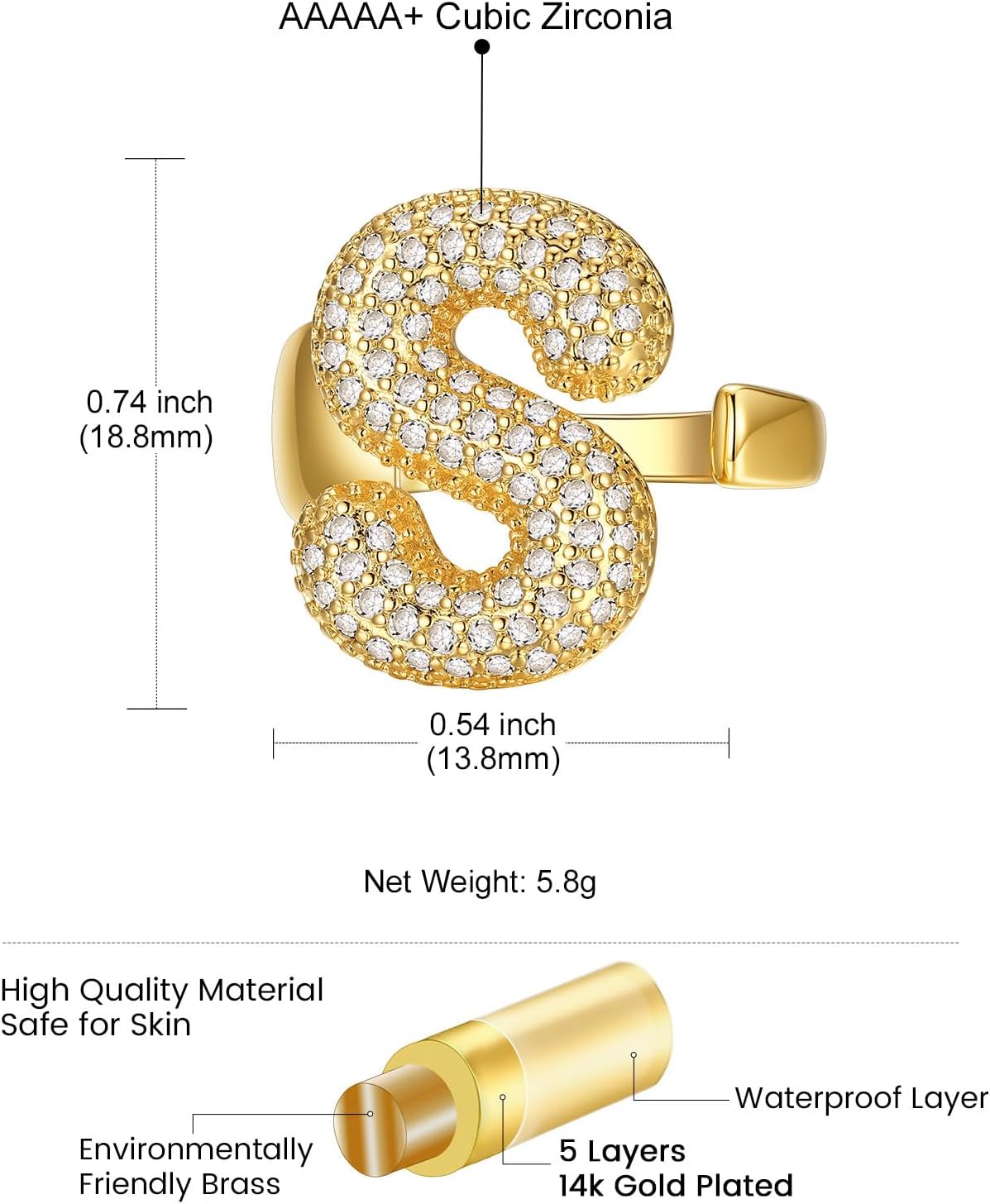 14k Chunky Gold Initial Statement Rings Details: Dimensions, Hypoallergenic, Adjustable size for 6~11