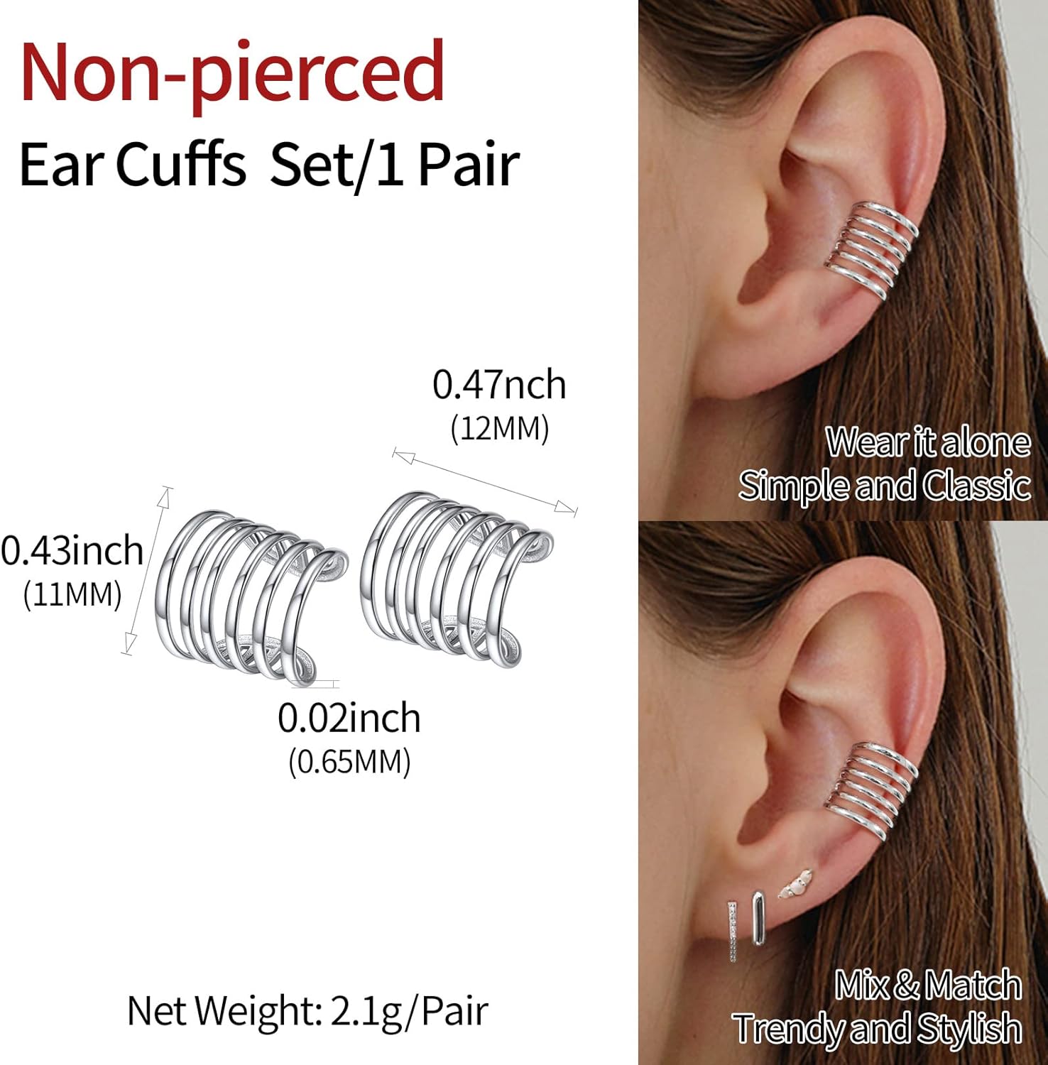 Multi Lines Non Piercing Clip on Cartilage Cuff Earrings Details: Dimensions, Hypoallergenic, Clip On