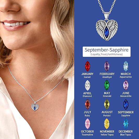 September Sapphire Birthstone Angel Wings Necklace in Different Month Colors