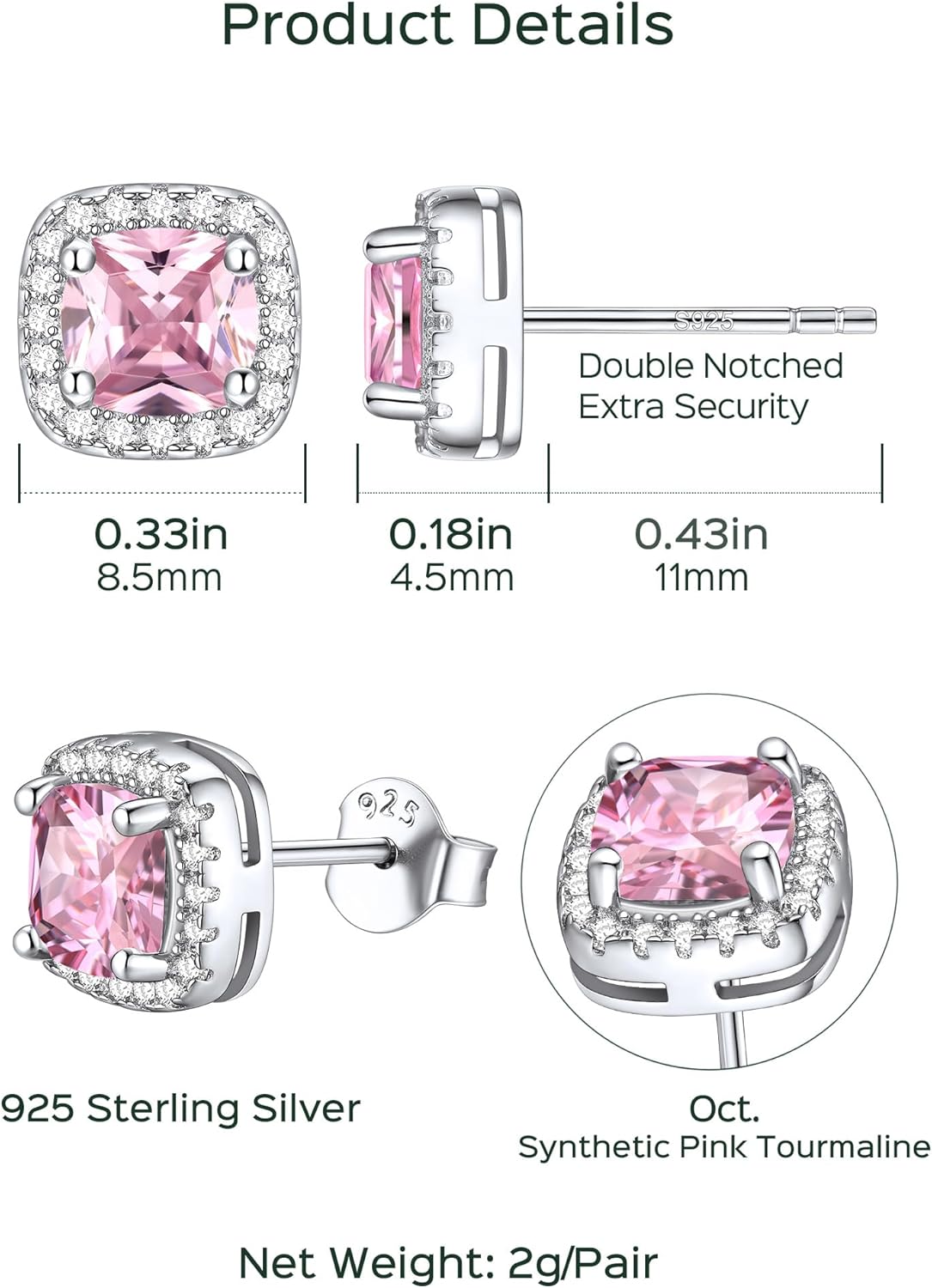 Square Sparkle Halo Birthstone Gemstone & Cubic Zirconia Stud Earrings Details: Dimensions, Hypoallergenic, Push Back Finding