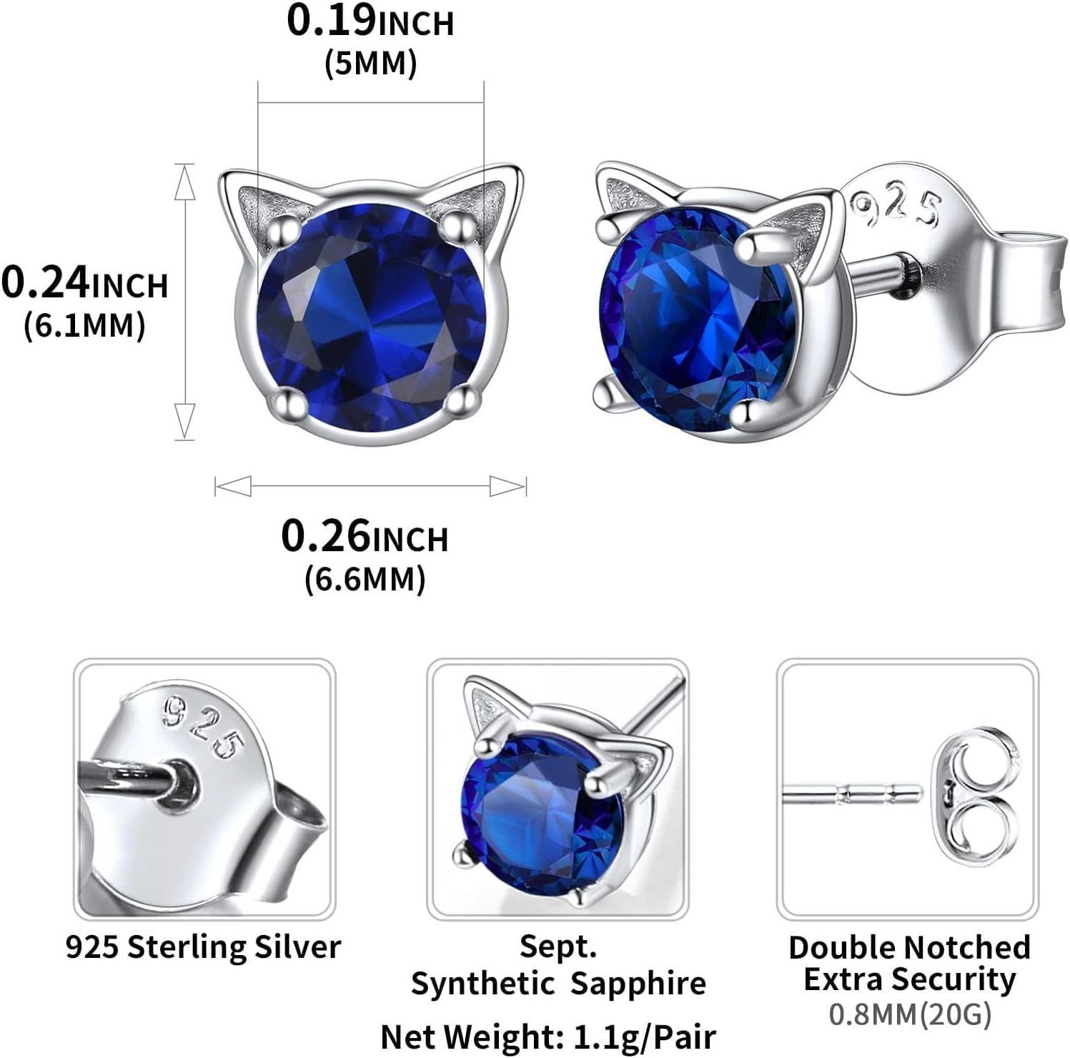 Cute Cat Diamond Birthstone Stud Earrings for women, september birthstone, Sapphire Jewelry, Virgo Birthstone, Libra Birthstone, sterling silver jewelry, gift idea