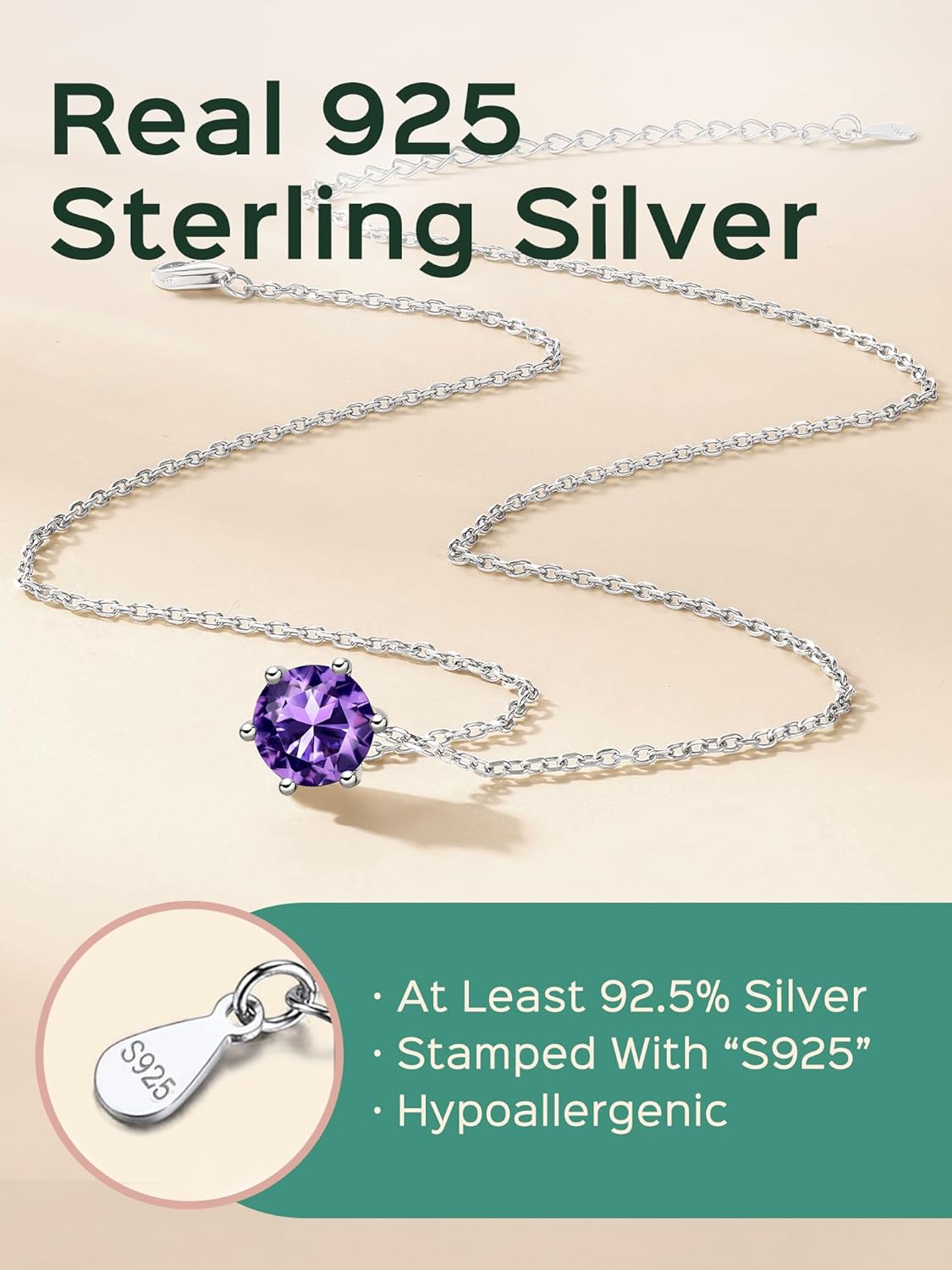12 Months Sparkling Round Cut Created Birthstone Necklace for women, February birthstone, Amethyst Jewelry, Pisces Birthstone, Aquarius Birthstone, sterling silver necklace, gift idea