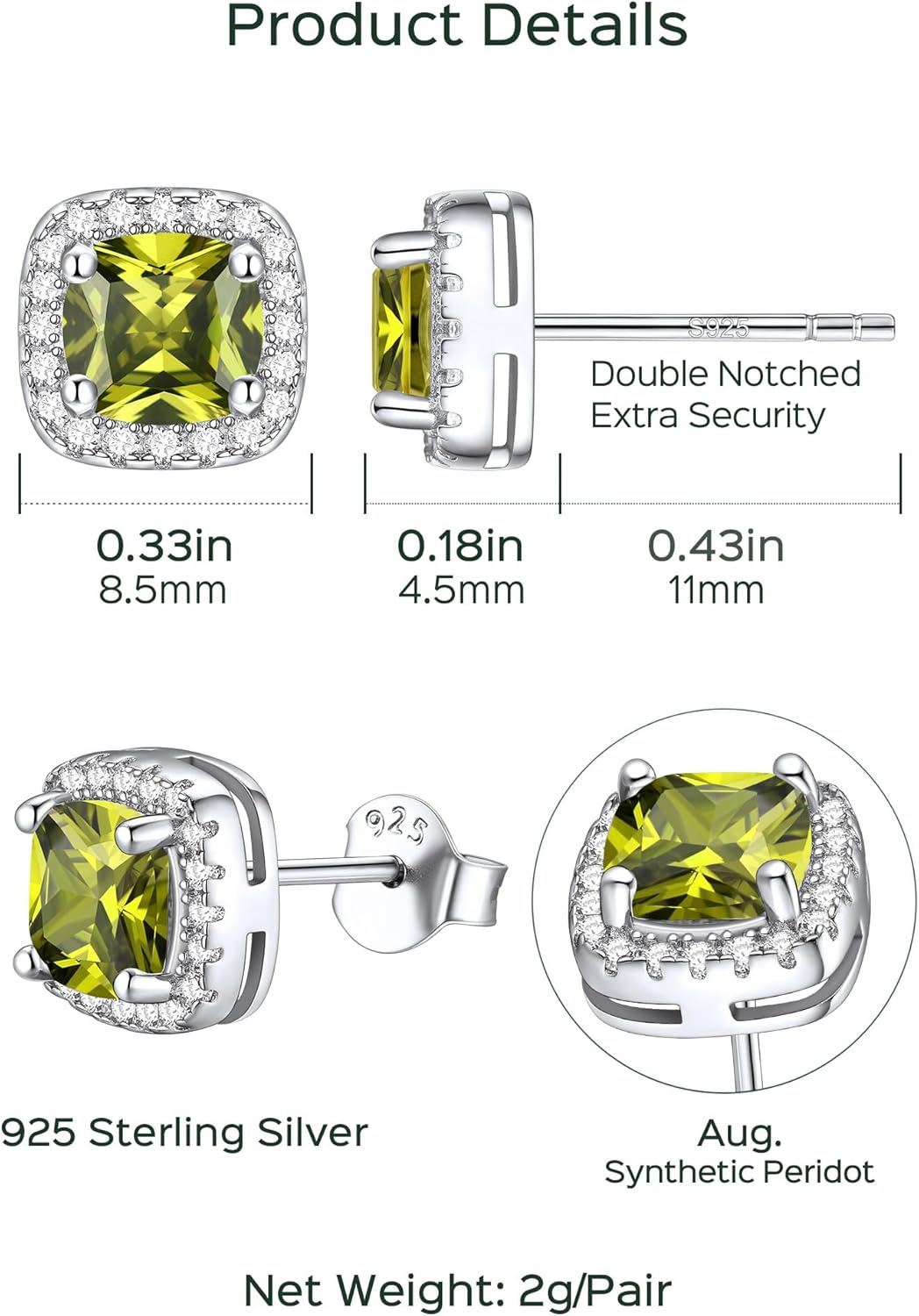 Square Sparkle Halo Birthstone Gemstone & Cubic Zirconia Stud Earrings Details: Dimensions, Hypoallergenic, Push Back Finding