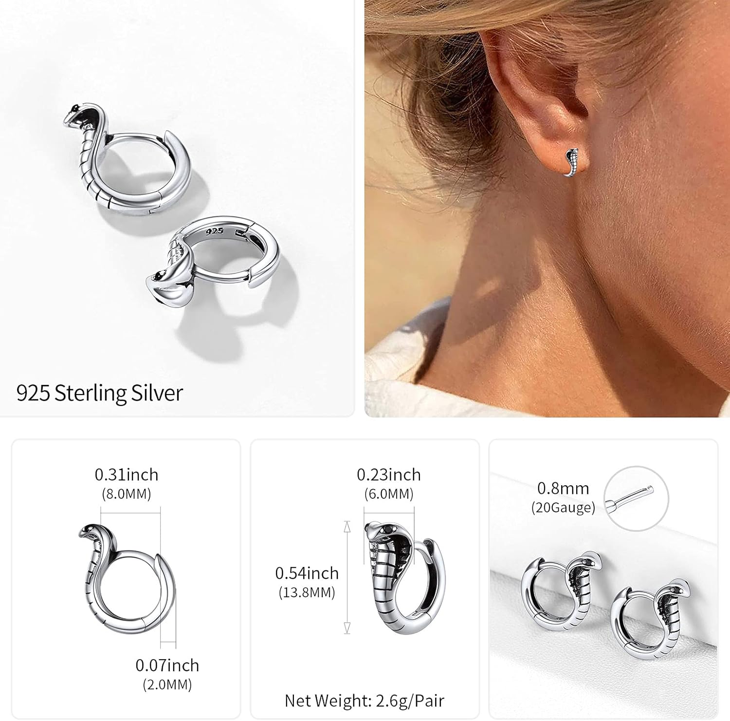 Cobra Thick Huggie Hoop Earrings Details: Dimensions, Hypoallergenic, Lever Back.