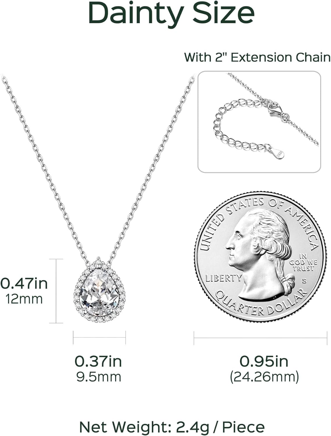 Pear Cut Teardrop Birthstone Diamond Necklace Details: Dimensions, Hypoallergenic, Lobster-Claw-Clasps