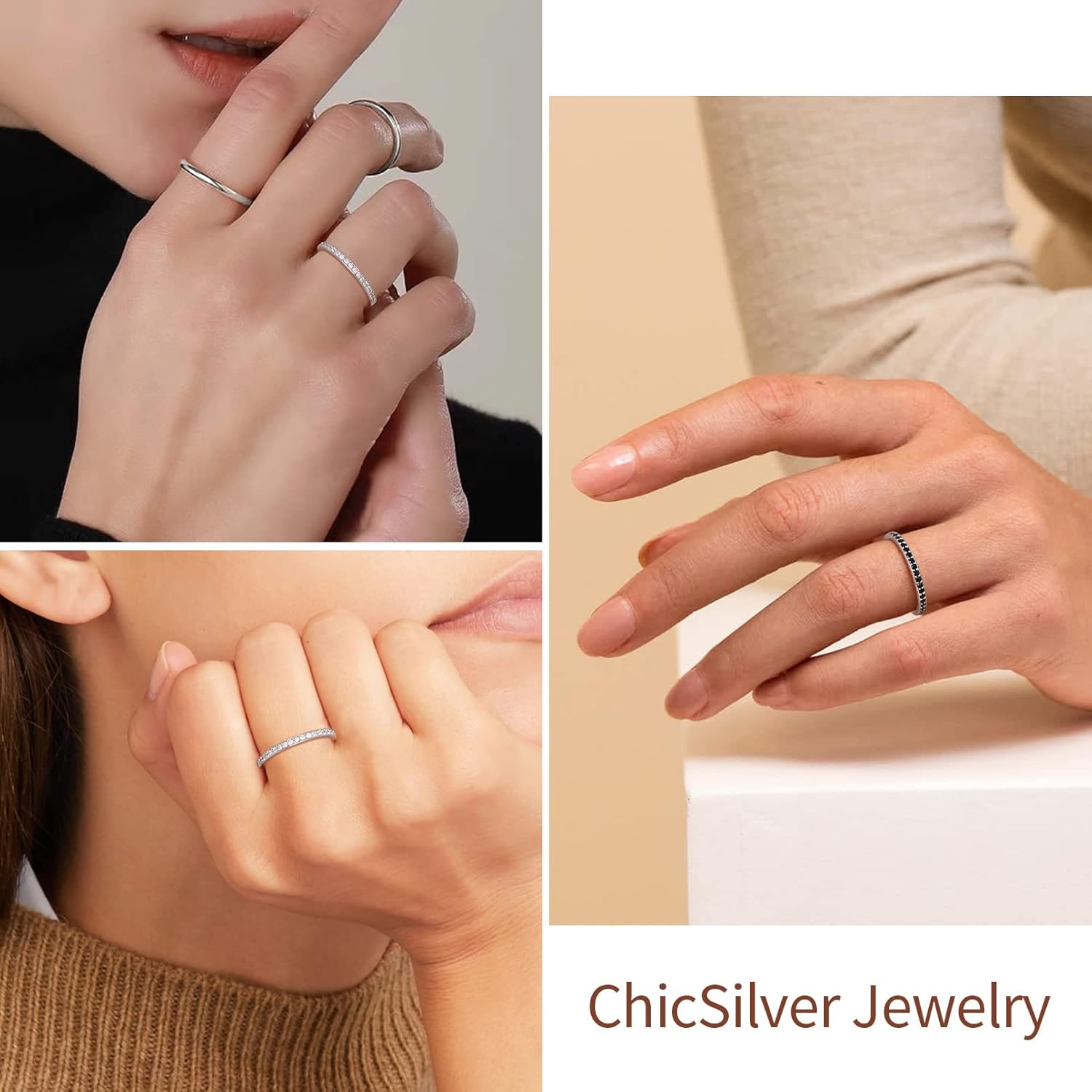 Black Cubic Zirconia Stackable Engagement Band Ring for Women