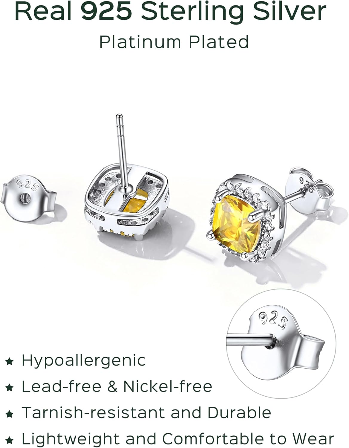 Sterling Silver Square Sparkle Halo Birthstone Gemstone & Cubic Zirconia Stud Earrings 