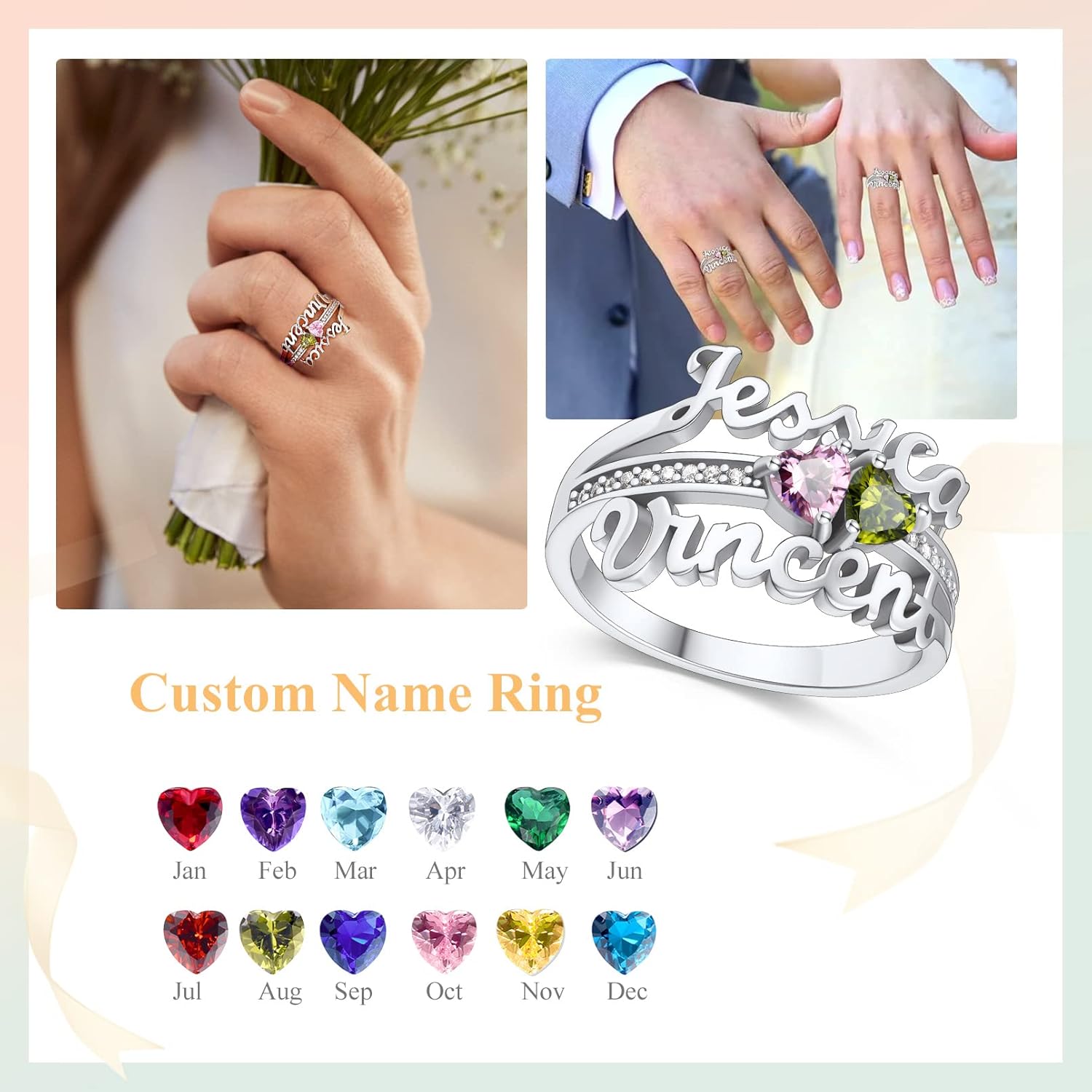 Custom Heart Birthstone 3D Name Ring in Different Month Colors