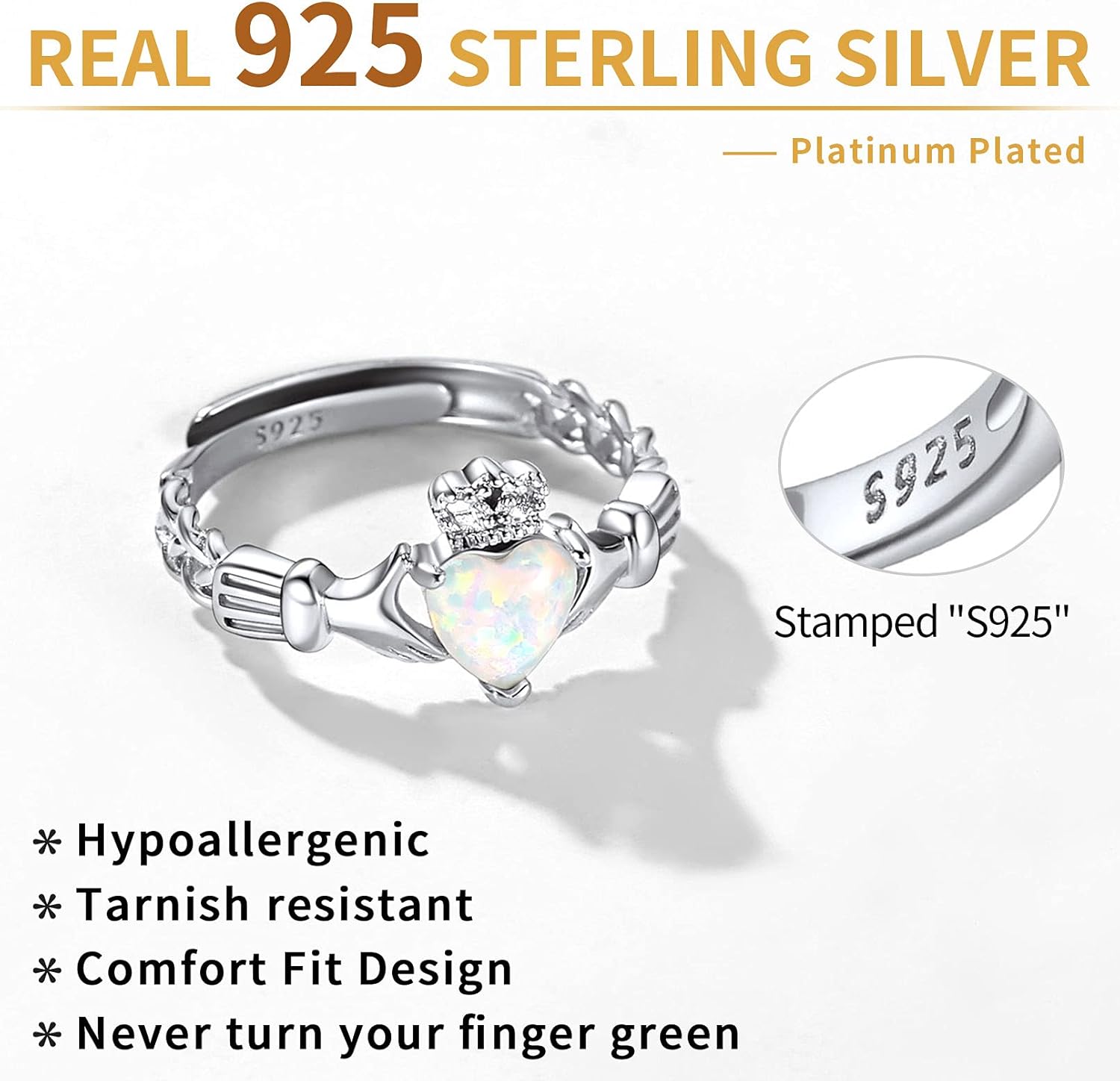 Sterling Silver White Opal Claddagh Heart Shape Birthstone Promise Ring