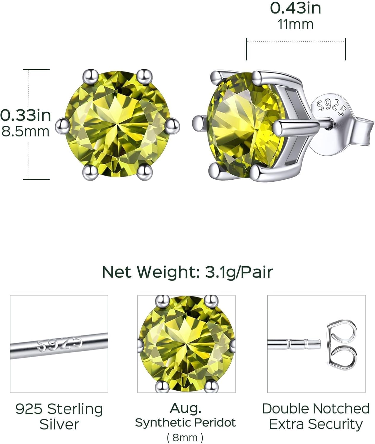 8.5mm Sparkling Round Cut Birthstone Halo Stud Earrings Details: Dimensions, Hypoallergenic, Push Back Finding