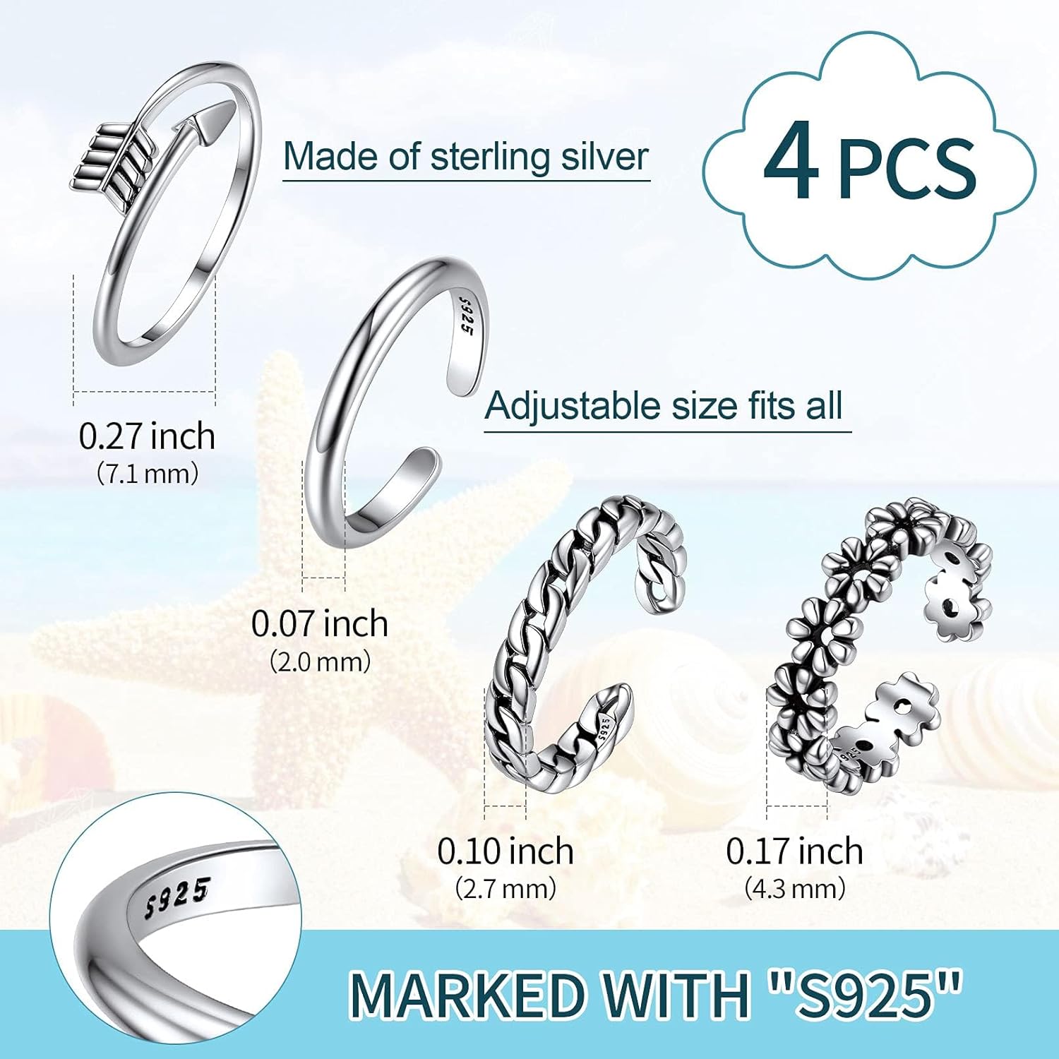 4 PCS Flower Arrow Band Hypoallergenic Open Adjustable Tail Toe Ring Set Details: Dimensions, Hypoallergenic, Adjustable size 