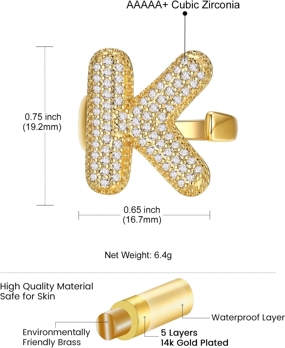 14k Chunky Gold Initial Statement Rings Details: Dimensions, Hypoallergenic, Adjustable size for 6~11