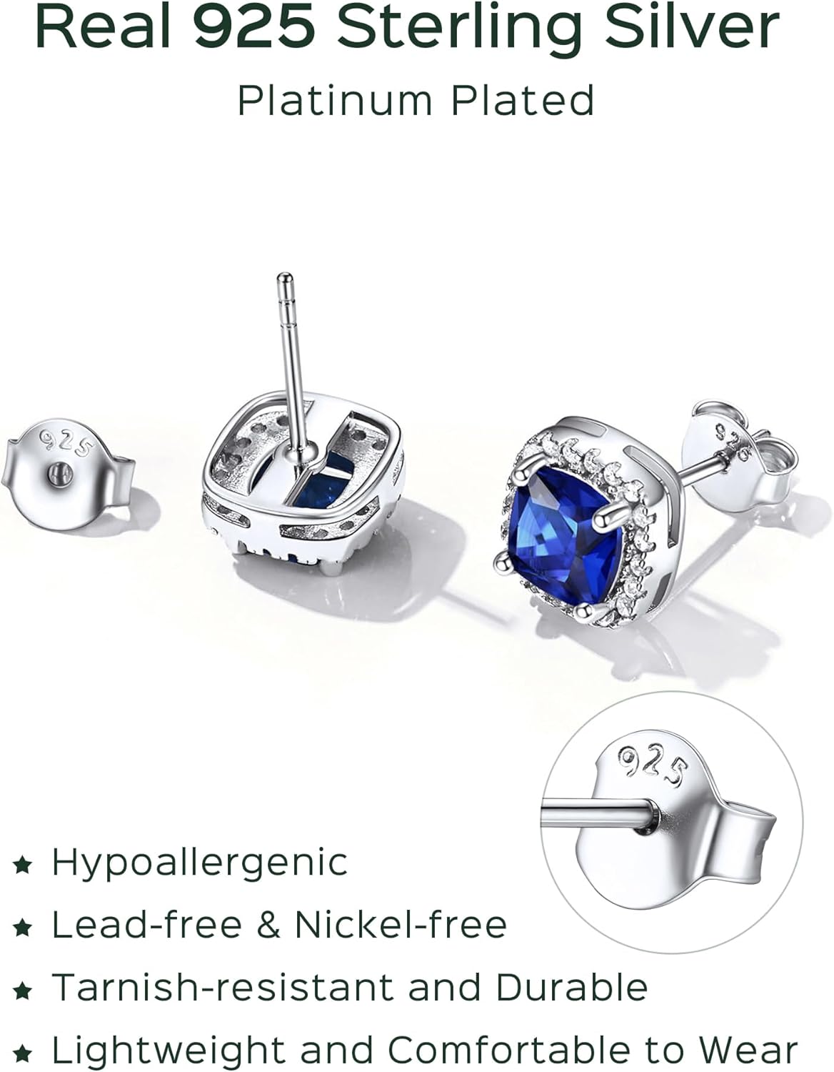 Sterling Silver Square Sparkle Halo Birthstone Gemstone & Cubic Zirconia Stud Earrings 