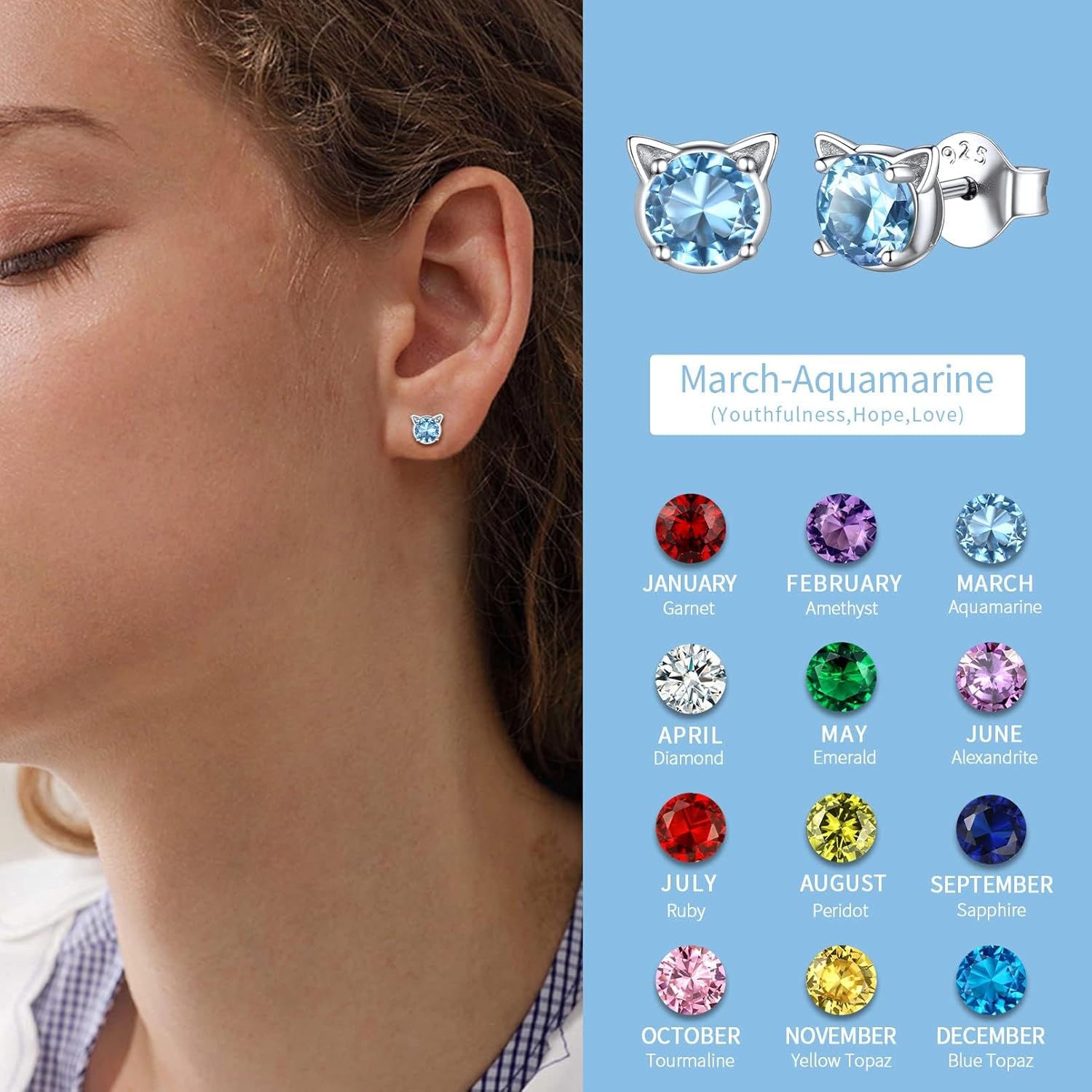 Cute Cat Diamond Birthstone Stud Earrings for women, march birthstone, Aquamarine Pendant, Pisces Birthstone, Aries Birthstone, sterling silver jewelry, gift idea