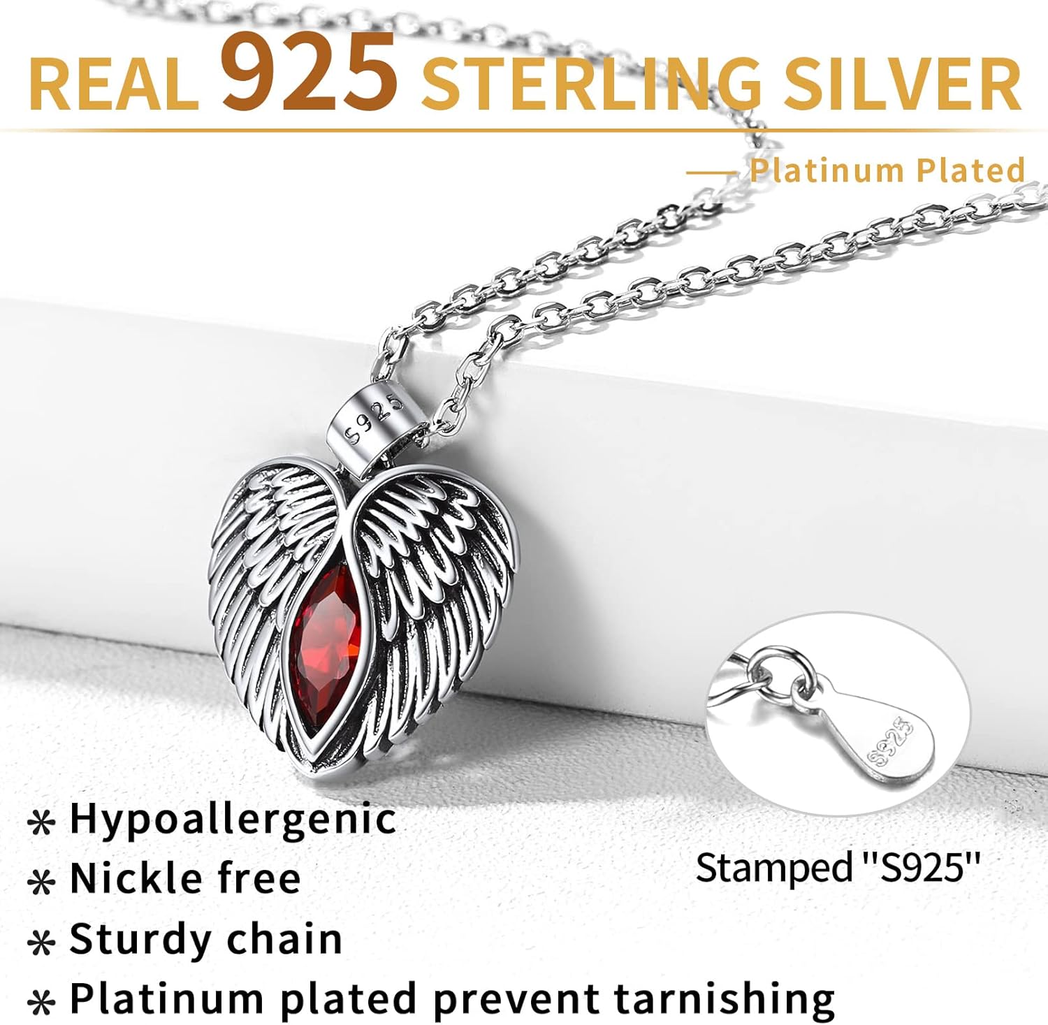 Sterling Silver January Garnet Birthstone Angel Wings Necklace