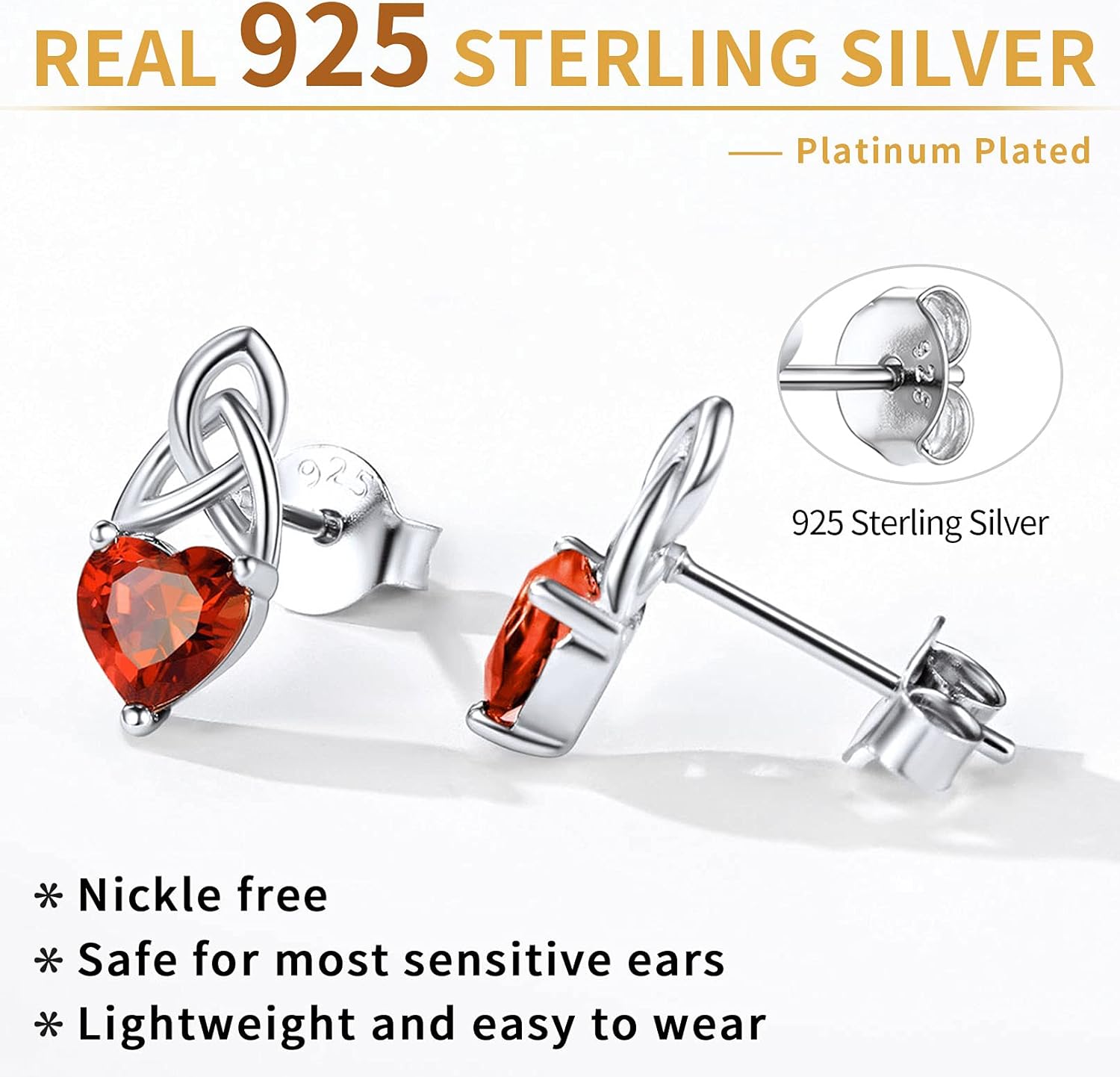 Brilliant Heart Cut Birthstone & Celtic Knot Stud Earrings