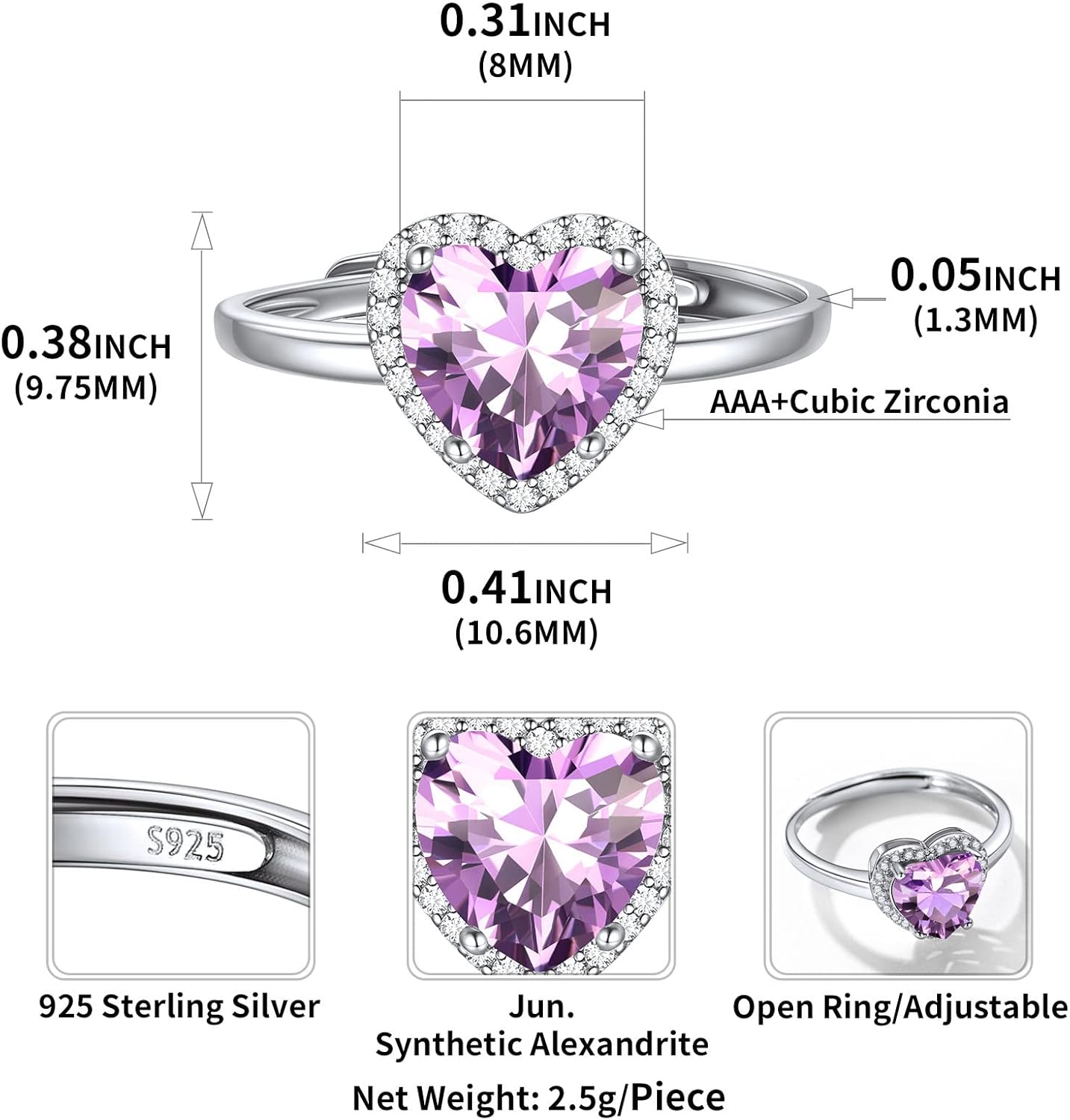 Heart Emerald Cut Birthstone Promise Ring Details: Dimensions, Hypoallergenic, Lobster-Claw-Clasps