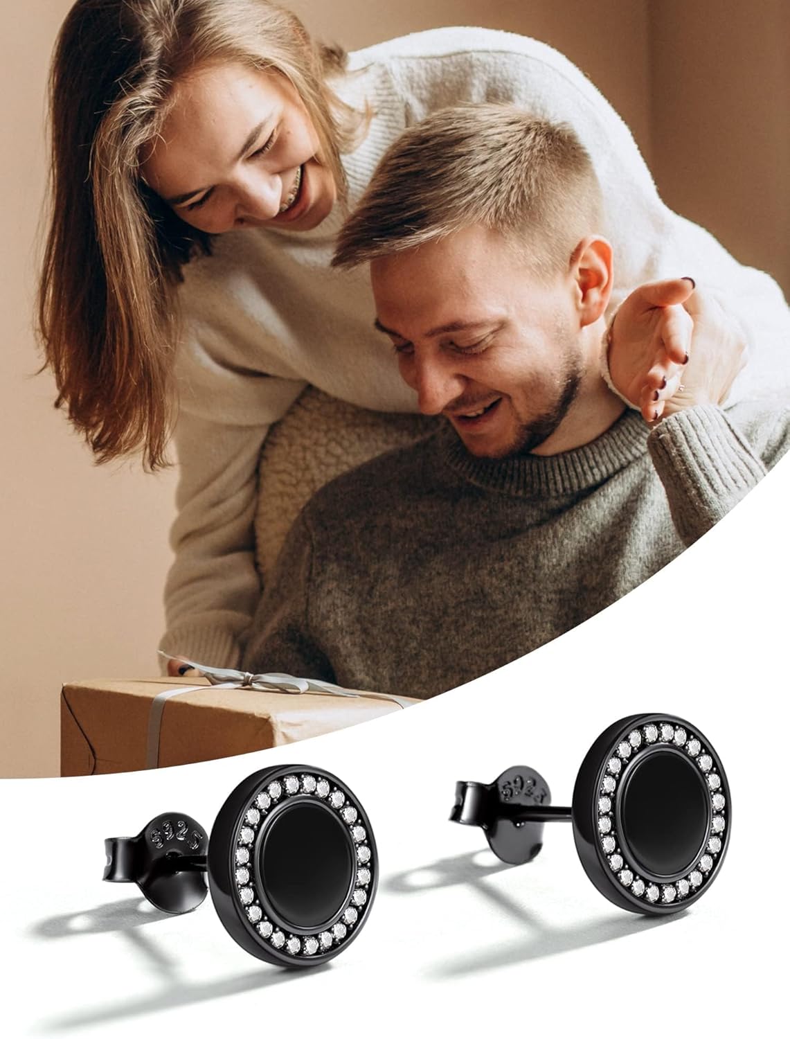 Black Onyx Round Cubic Zirconia Halo Stud Earrings