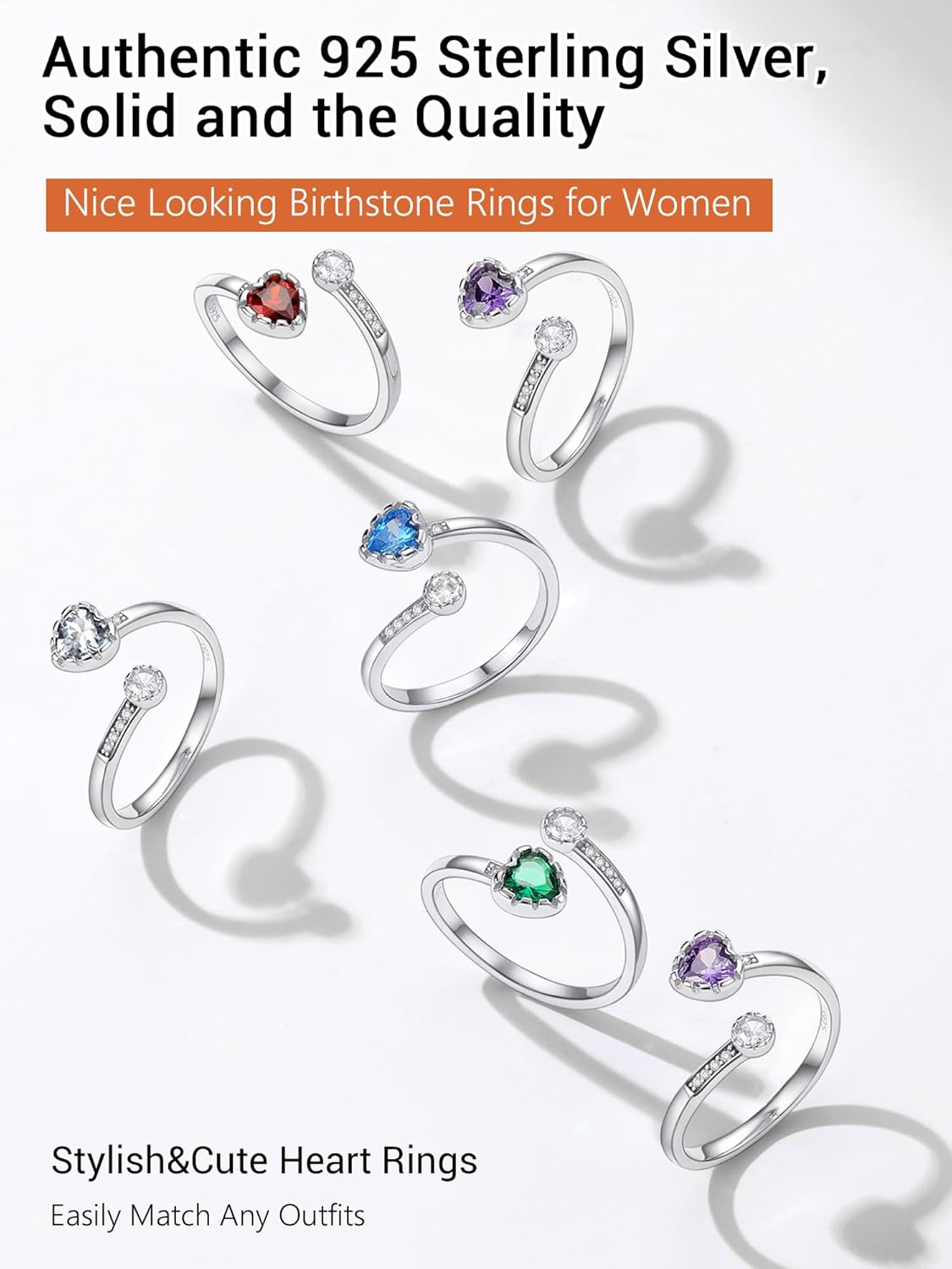 Sterling Silver Heart Birthstone and White Cubic Zirconia Adjustable Ring in Different Month Colors