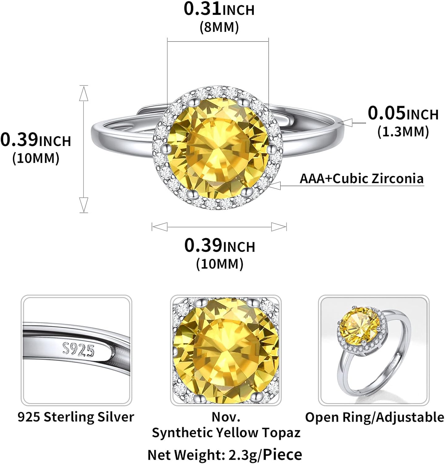 Round Cut Birthstone Promise Ring Details: Dimensions, Hypoallergenic, Adjustable size for 6~11