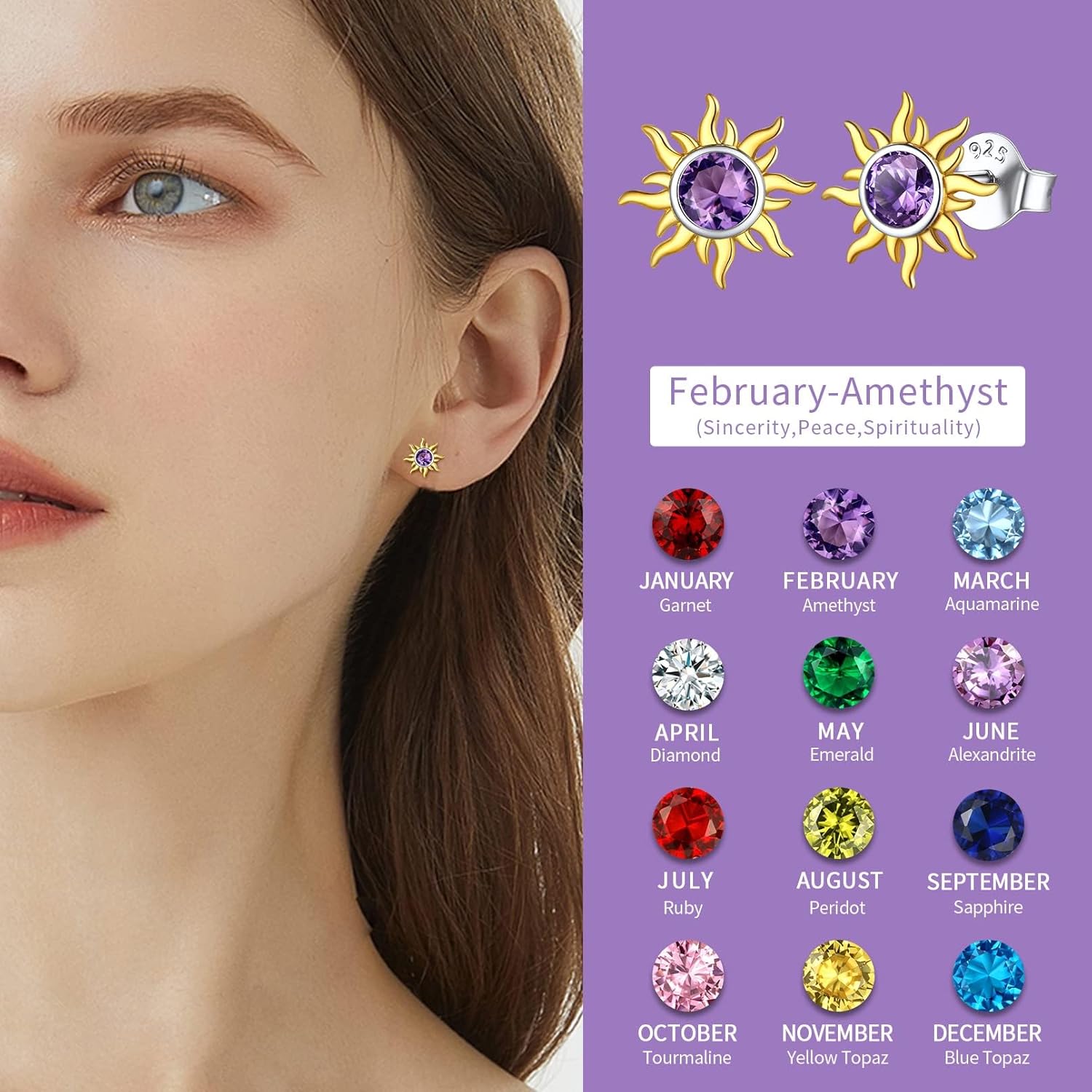 Hypoallergenic Sun Birthstone Earrings for Women, February birthstone, Amethyst Jewelry, Pisces Birthstone, Aquarius Birthstone, sterling silver earrings, gift idea