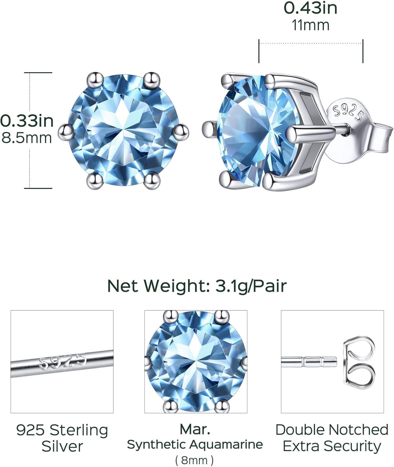 8.5mm Sparkling Round Cut Birthstone Halo Stud Earrings Details: Dimensions, Hypoallergenic, Push Back Finding