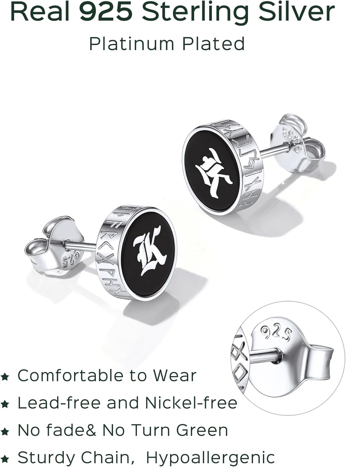 Sterling Silver Black Onyx with Viking Rune Engrave Stud Earrings