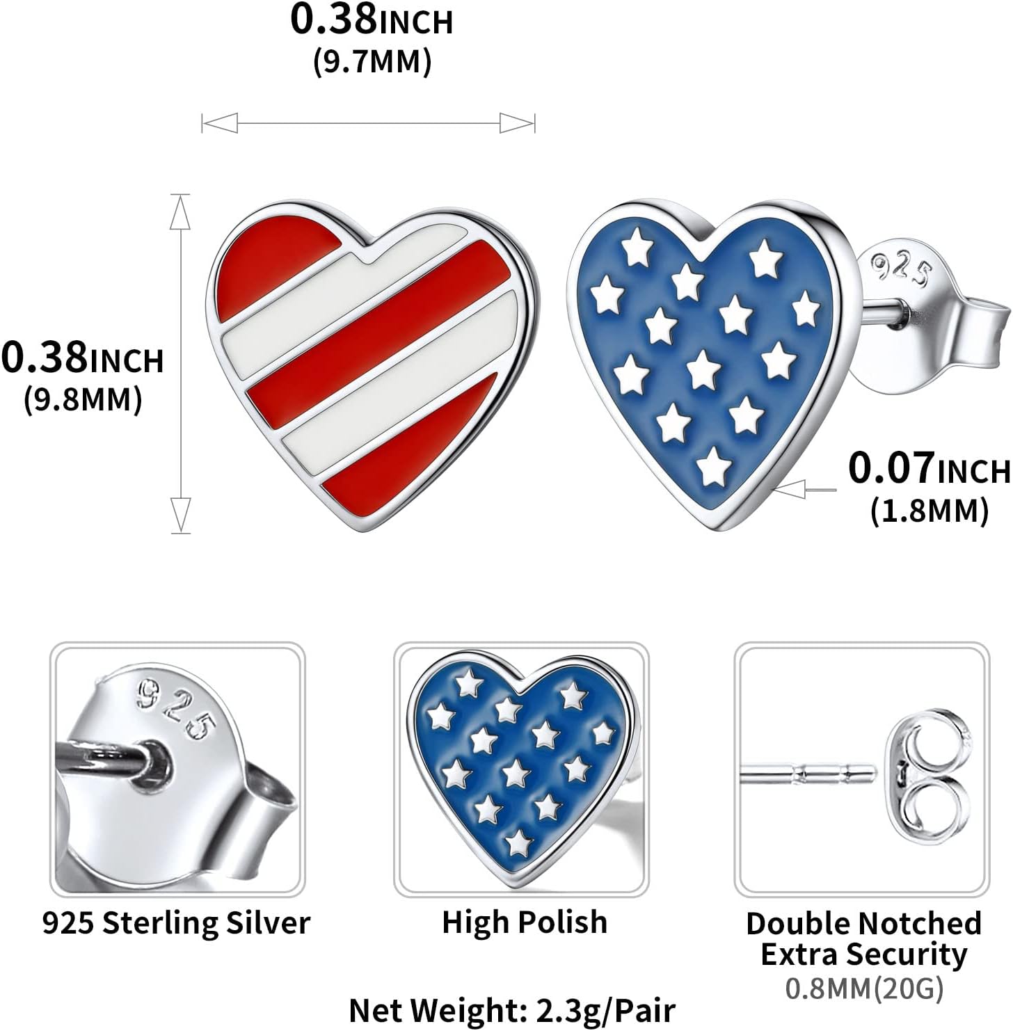 American Flag Heart Patriotic Independence Stud Earrings Details: Dimensions, Hypoallergenic, Push Back Finding.