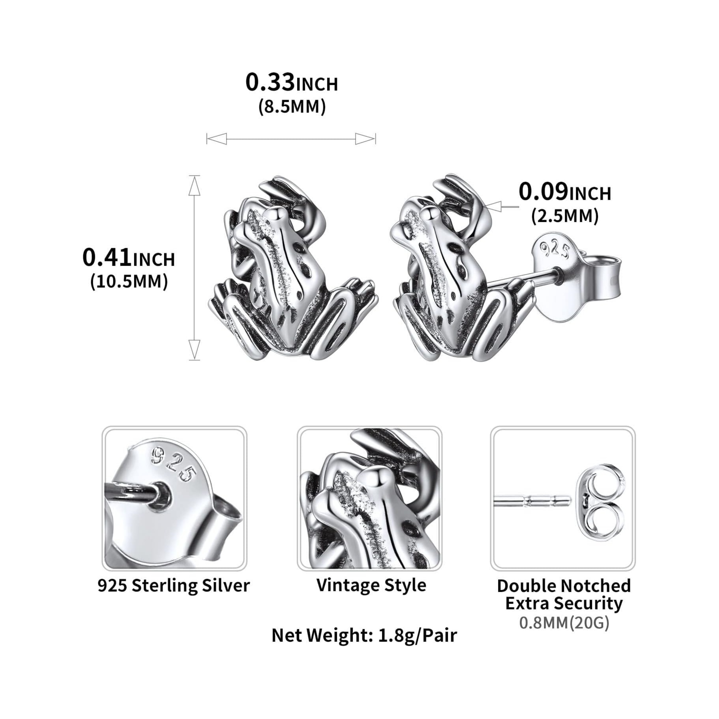 Funny Frog Stud Earrings Details: Dimensions, Hypoallergenic, Push Back Finding