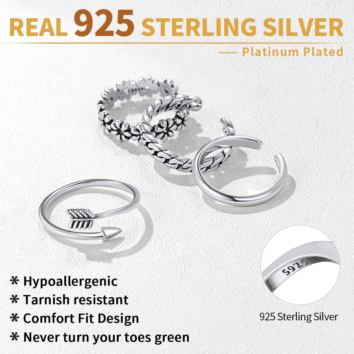 Sterling Silver 4 PCS Flower Arrow Band Hypoallergenic Open Adjustable Tail Toe Ring Set