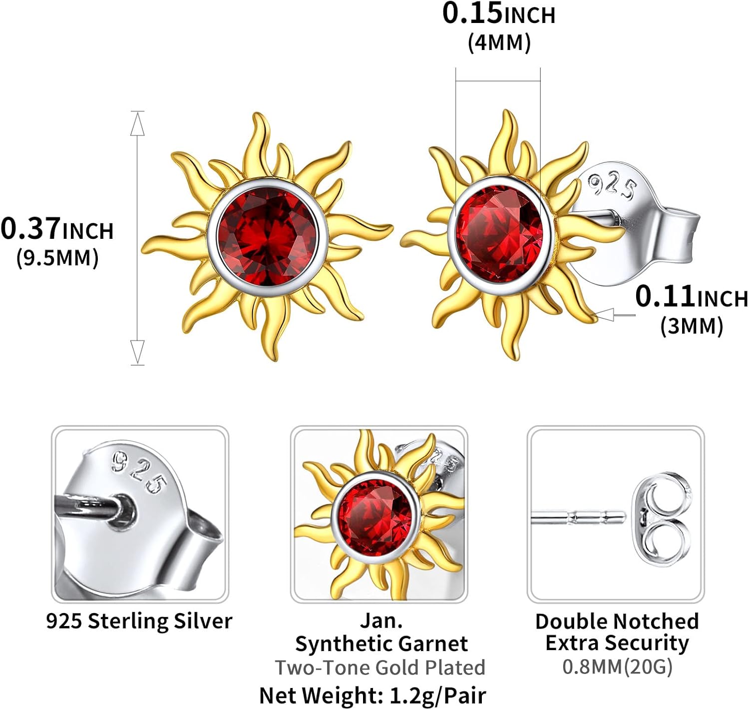 Hypoallergenic Sun Birthstone Earrings for Women, jan birthstone, Garnet birthstone, Capricorn Birthstone, Aquarius Birthstone, sterling silver jewelry, gift idea