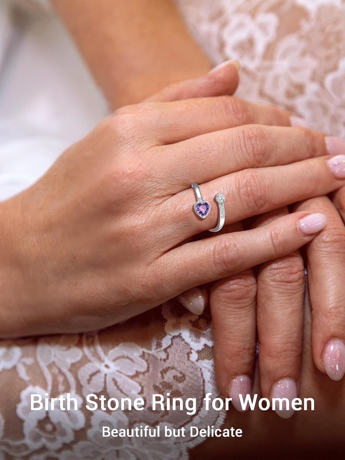 Heart Birthstone and White Cubic Zirconia Adjustable Ring for Women