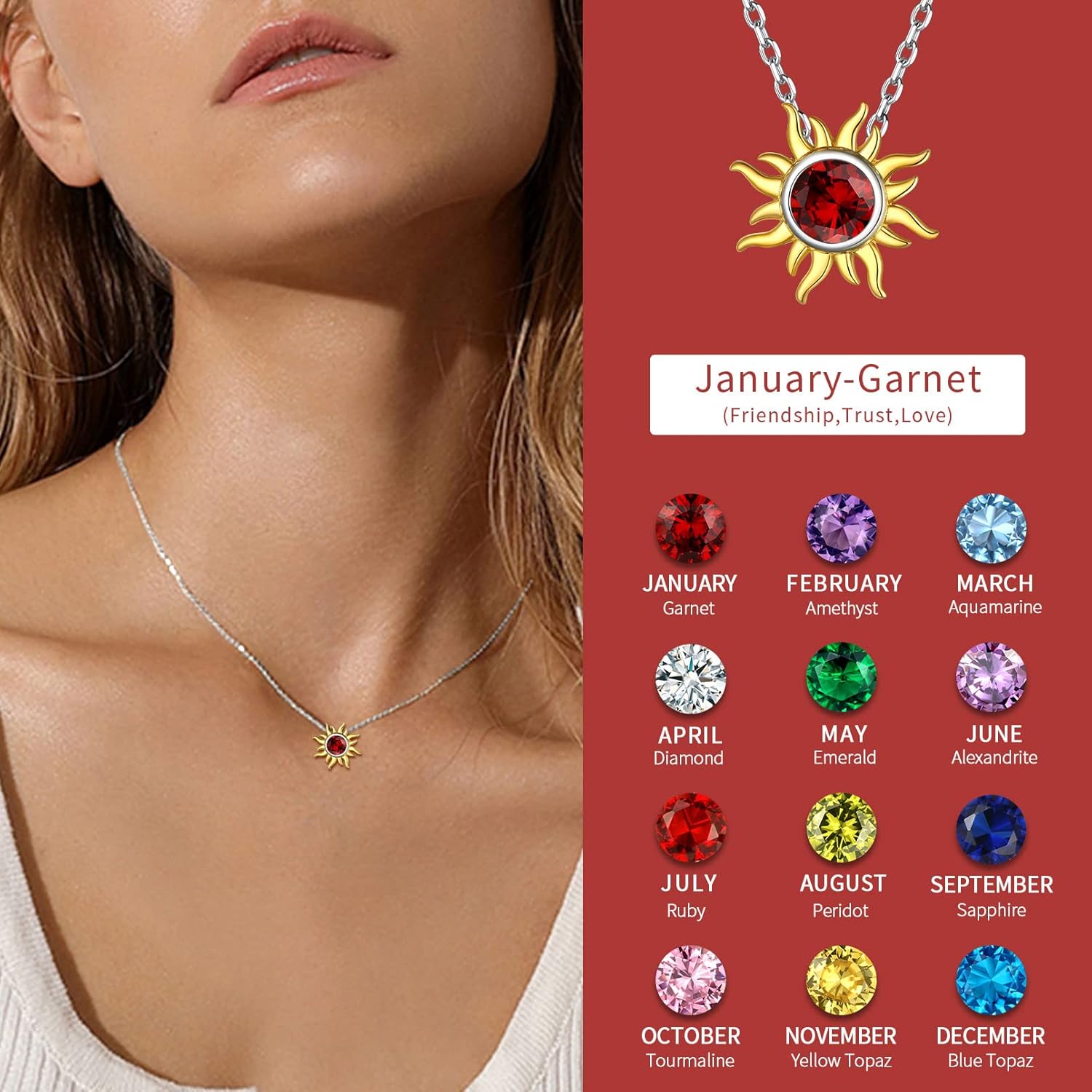 Sun Birthstone Necklace for ladies, jan birthstone, Garnet birthstone, Capricorn Birthstone, Aquarius Birthstone, sterling silver jewelry, gift idea