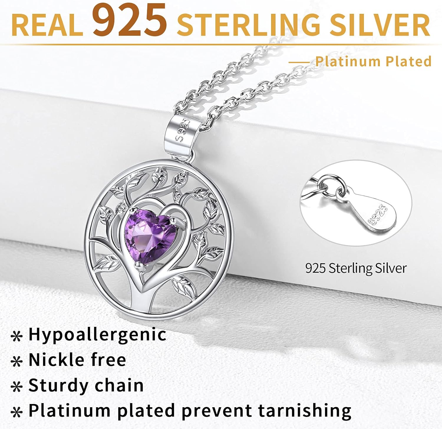 Sterling Silver Tree of Life Pendant Necklace Embellished with Heart Shape Birthstone