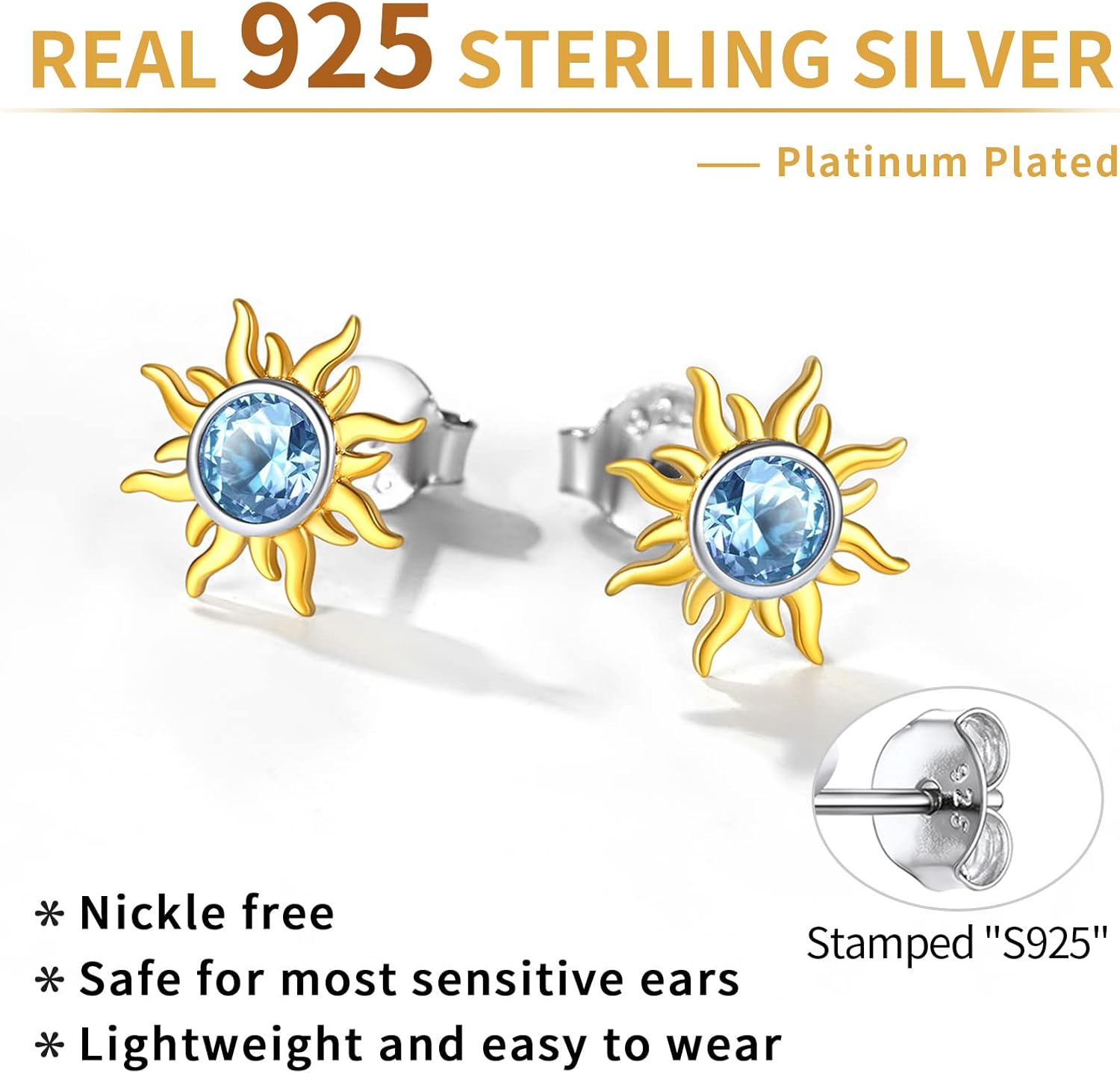 Hypoallergenic Sun Birthstone Earrings for Women, march birthstone, Aquamarine Earrings, Pisces Birthstone, Aries Birthstone, sterling silver jewelry, gift idea