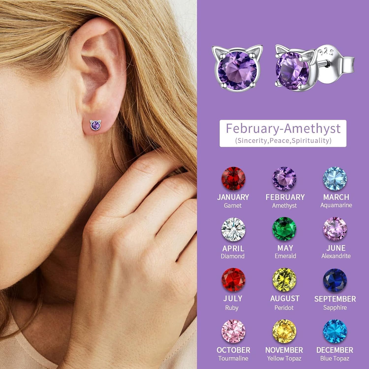 Cute Cat Diamond Birthstone Stud Earrings for women, February birthstone, Amethyst Jewelry, Pisces Birthstone, Aquarius Birthstone, sterling silver Earrings, gift idea