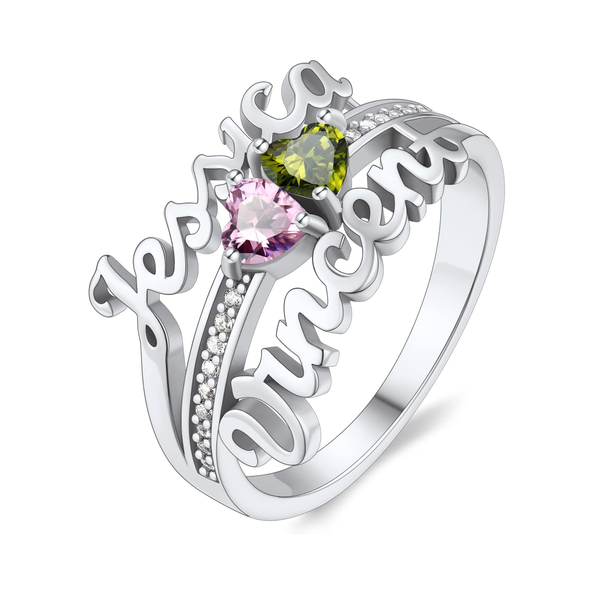 Custom Heart Birthstone 3D Name Ring