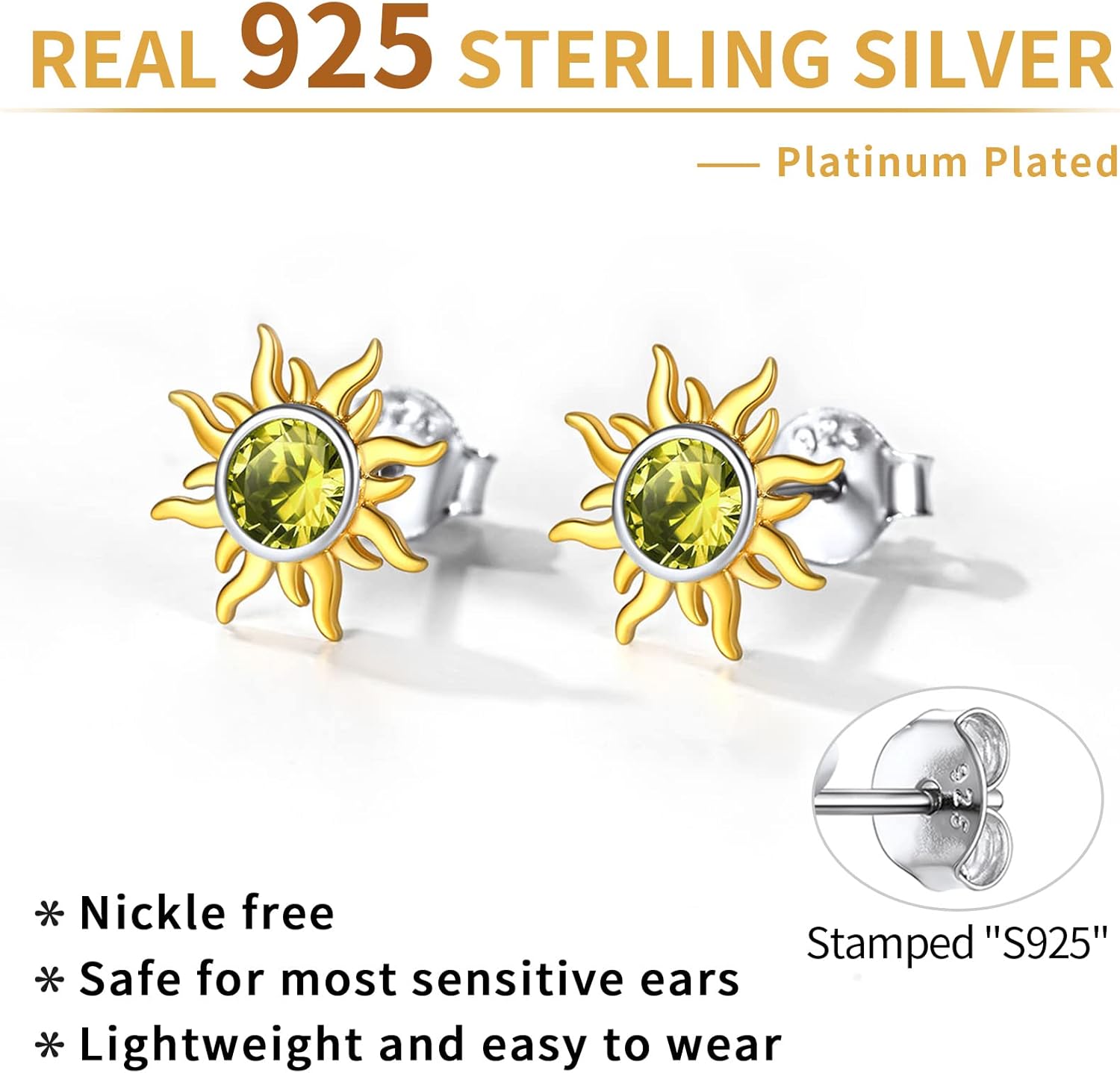 Hypoallergenic Sun Birthstone Earrings for Women, august birthstone, Peridot Earrings, Leo Birthstone, Virgo Birthstone, sterling silver jewelry, gift idea