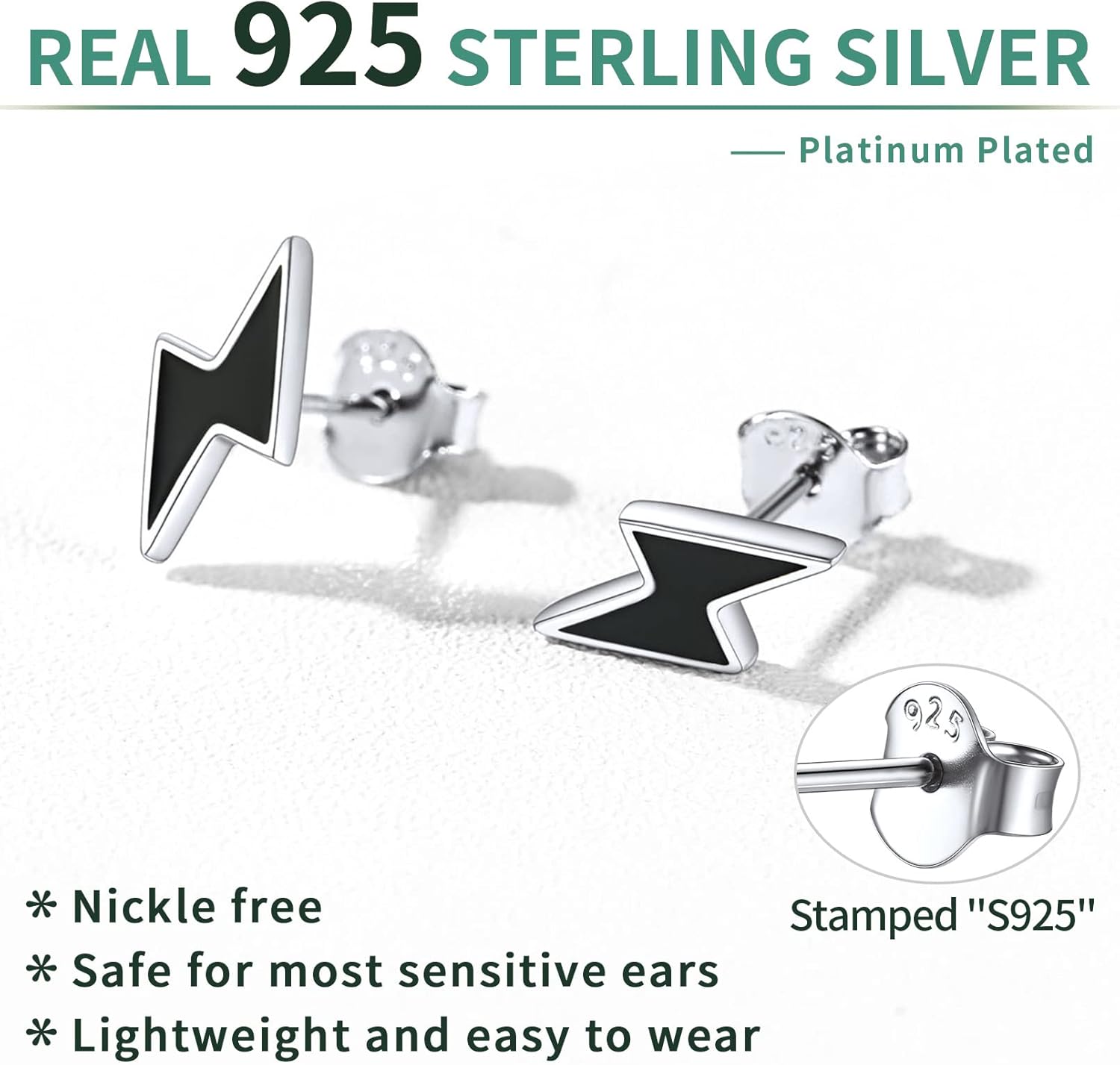 Sterling Silver Minimalist Lightning Bolt Stud Earrings for Women