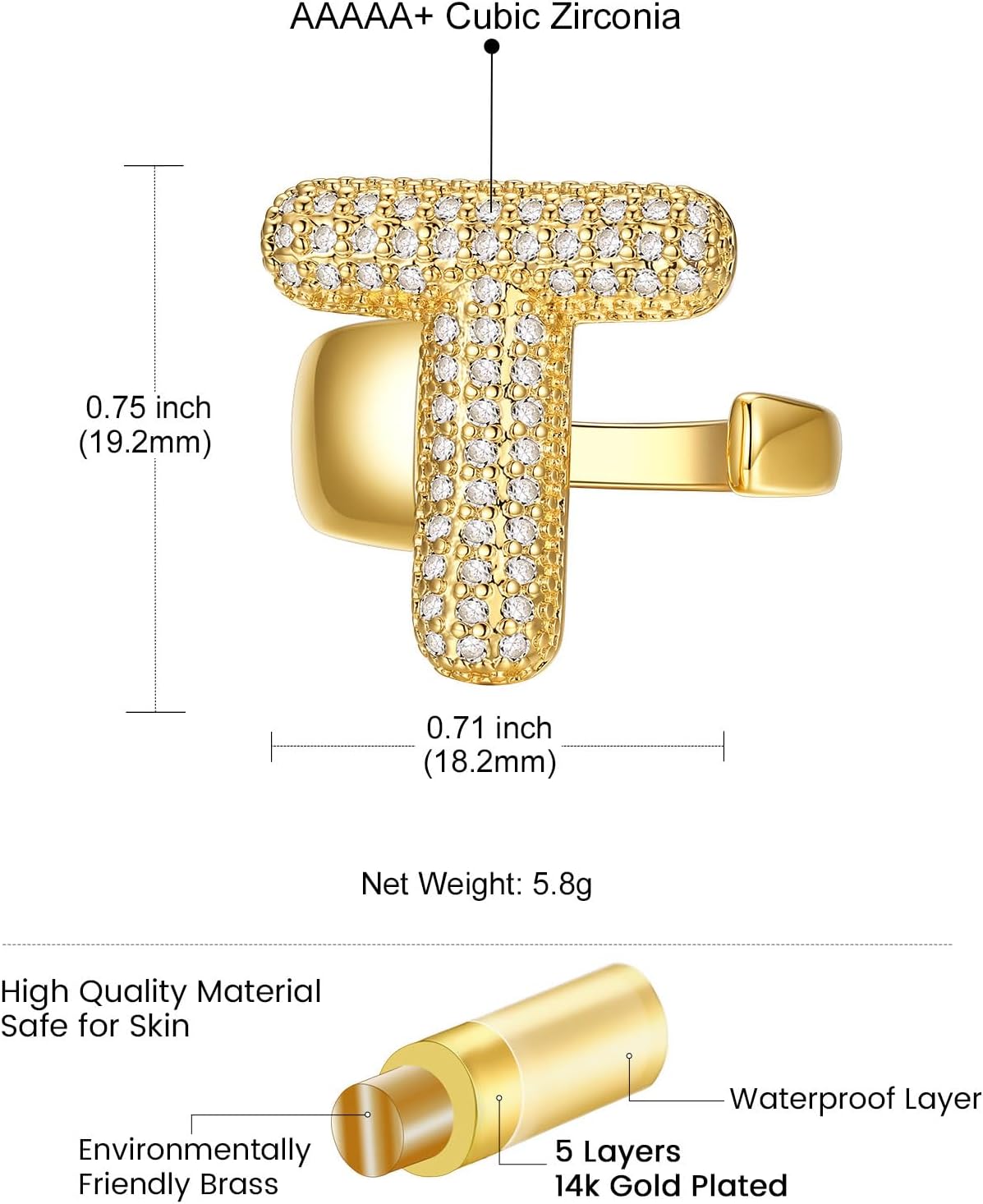14k Chunky Gold Initial Statement Rings Details: Dimensions, Hypoallergenic, Adjustable size for 6~11