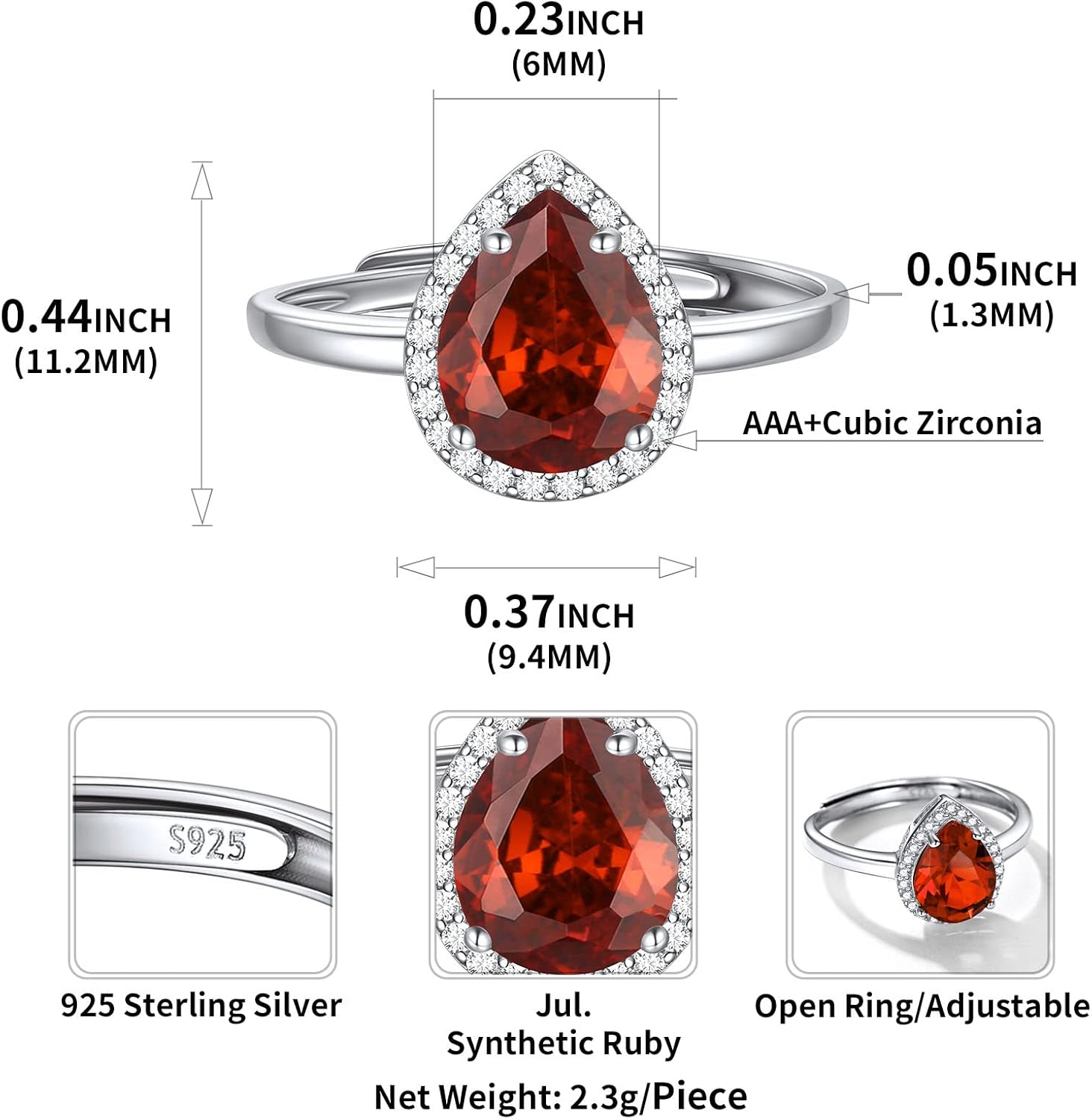 Pear Cut Teardrop Birthstone Promise Ring Details: Dimensions, Hypoallergenic, Adjustable size for 6~11