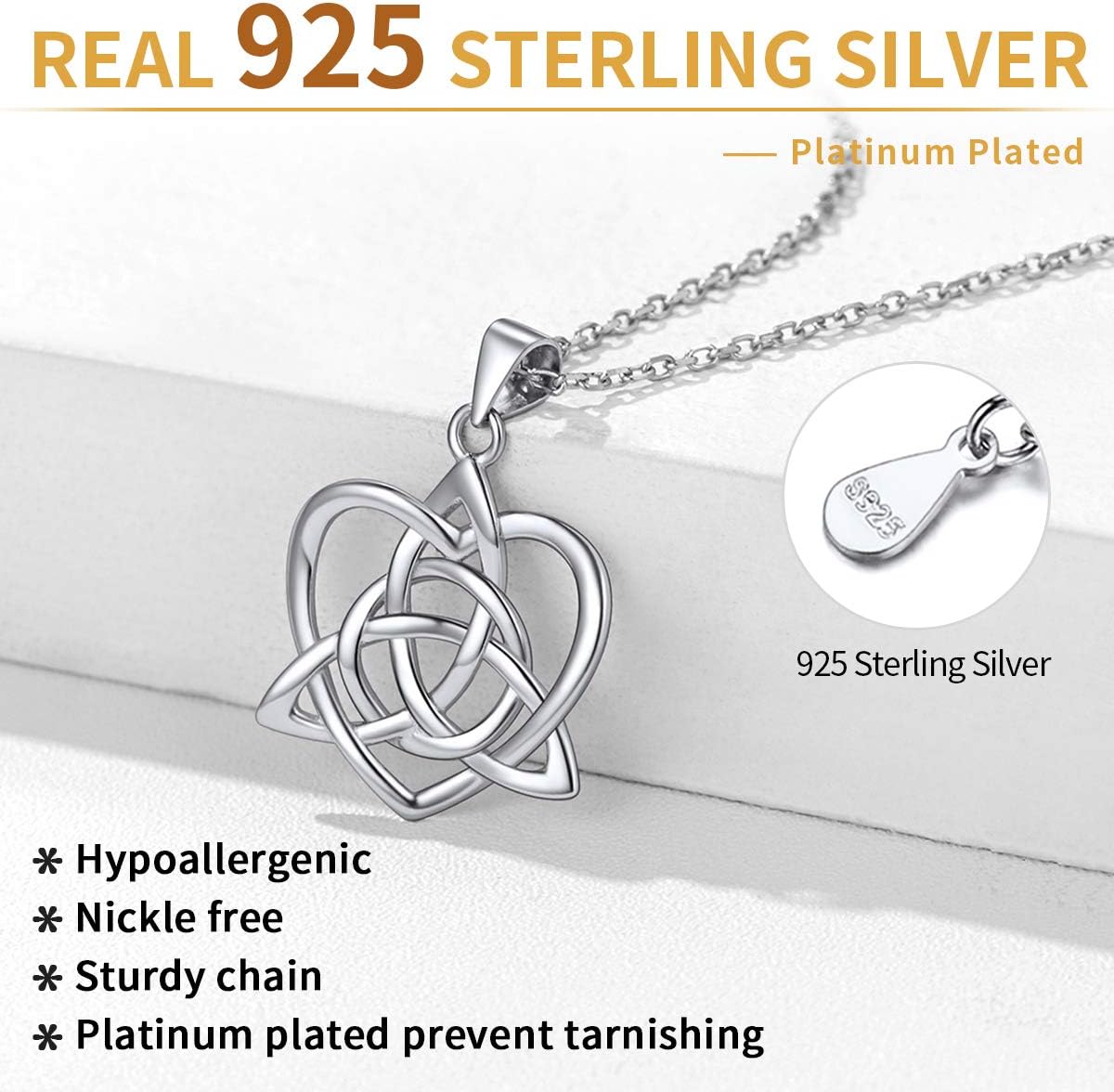 Sterling Silver Celtic Knot Triquetra Love Heart Pendant Necklace