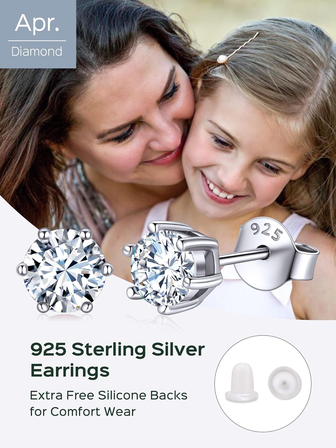 12 Months Sparkling Round Birthstone Halo Stud Earrings, april birthstone, Diamond Jewelry, Aries Birthstone, Taurus Birthstone, sterling silver earrings, gift idea