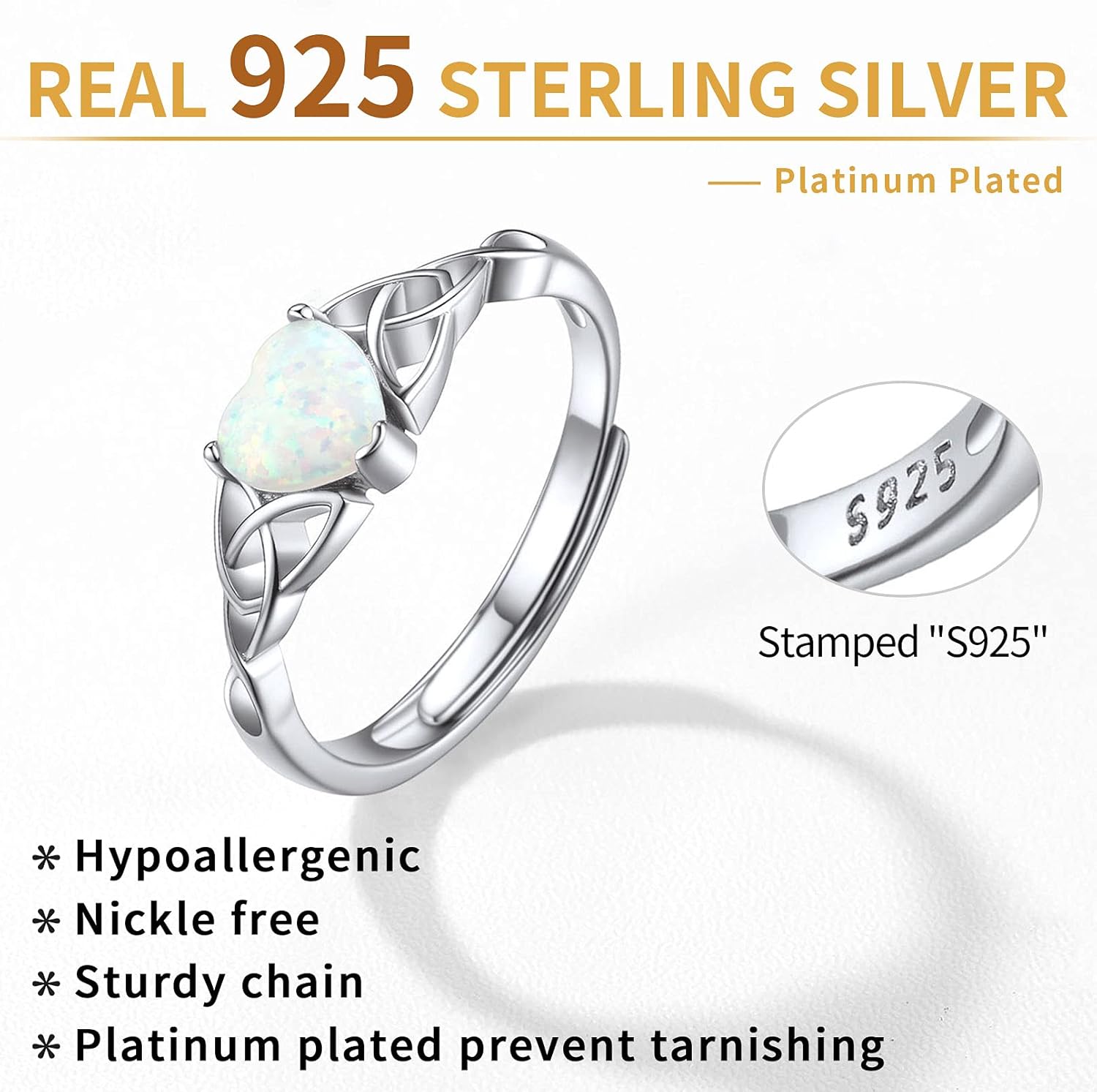 Sterling Silver White Opal Celtic Knot Claddagh Heart Shape Birthstone Promise Ring