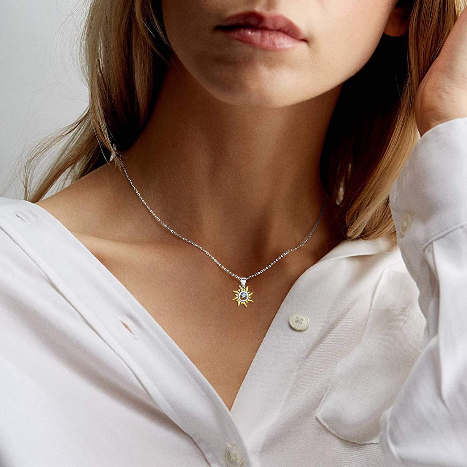 Blue Cubic Zirconia Small Dainty Sun Necklace for Women